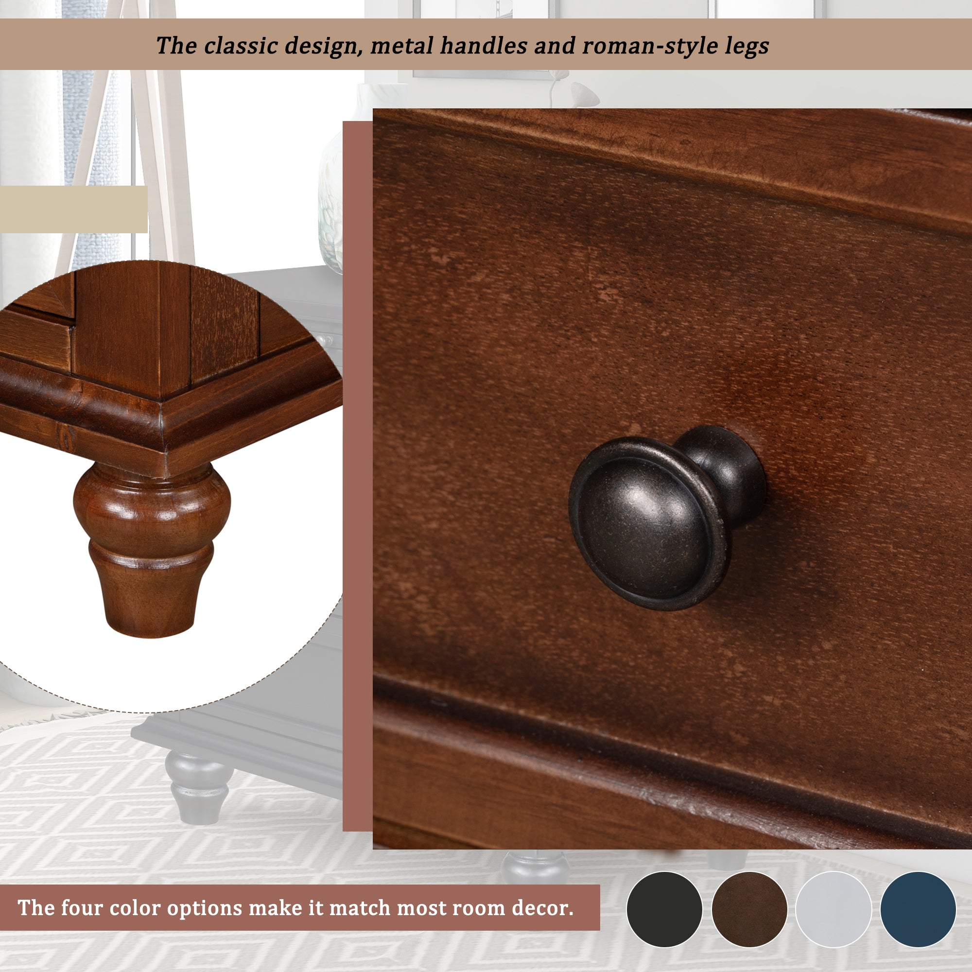 Pine wood nightstand with rubber legs, side profile view