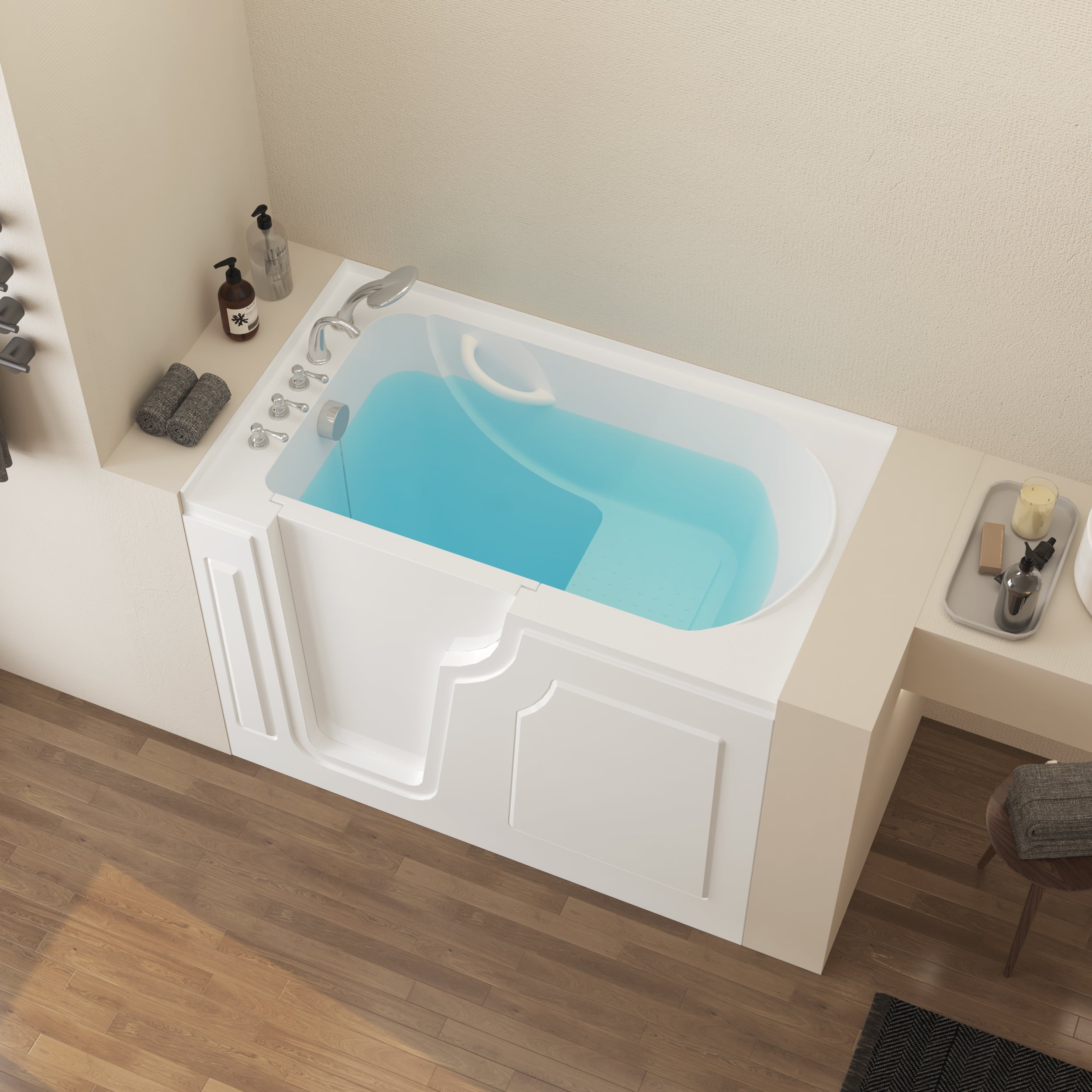 56" Walk-in Bathtub with Left-Side Door Opening and Quick Fill and Drain System, Rectangular Soaking Bathtub in White