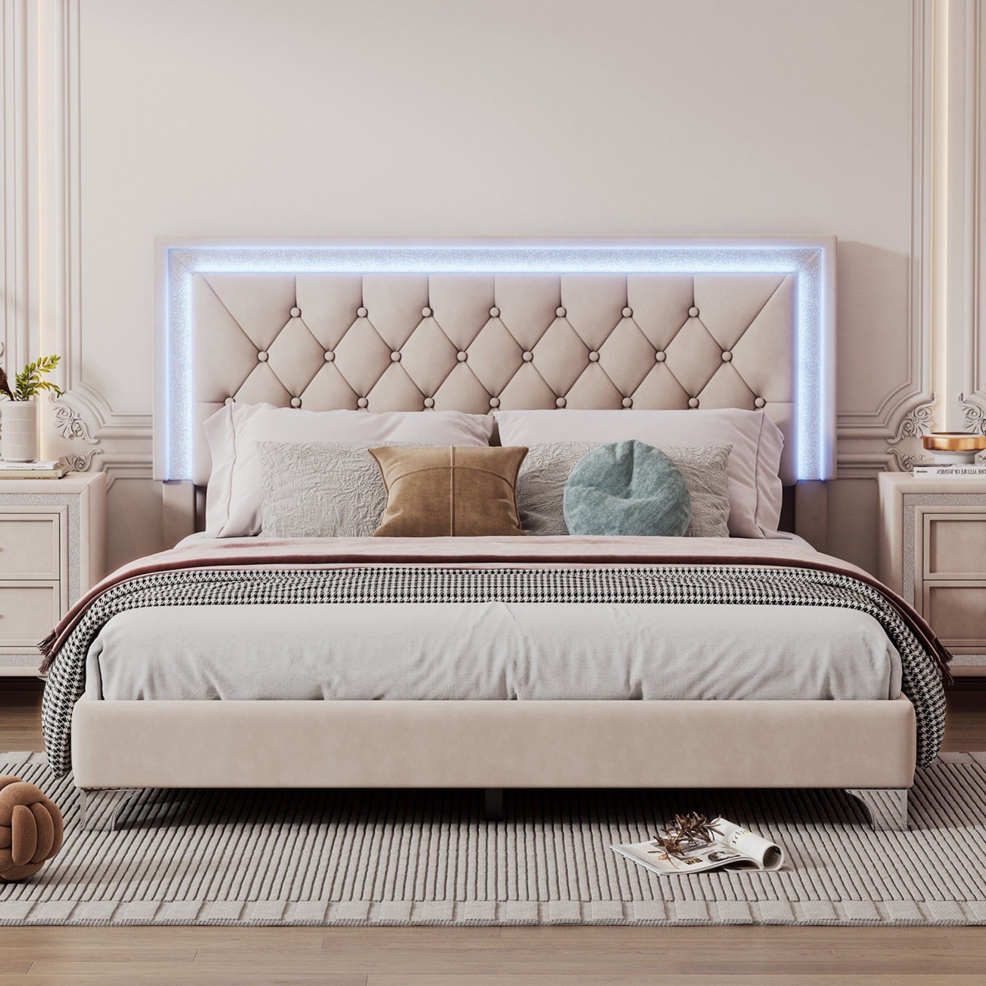 Queen Size Upholstered Bed Frame with LED Lights,Modern Velvet Platform Bed with Tufted Headboard,Beige