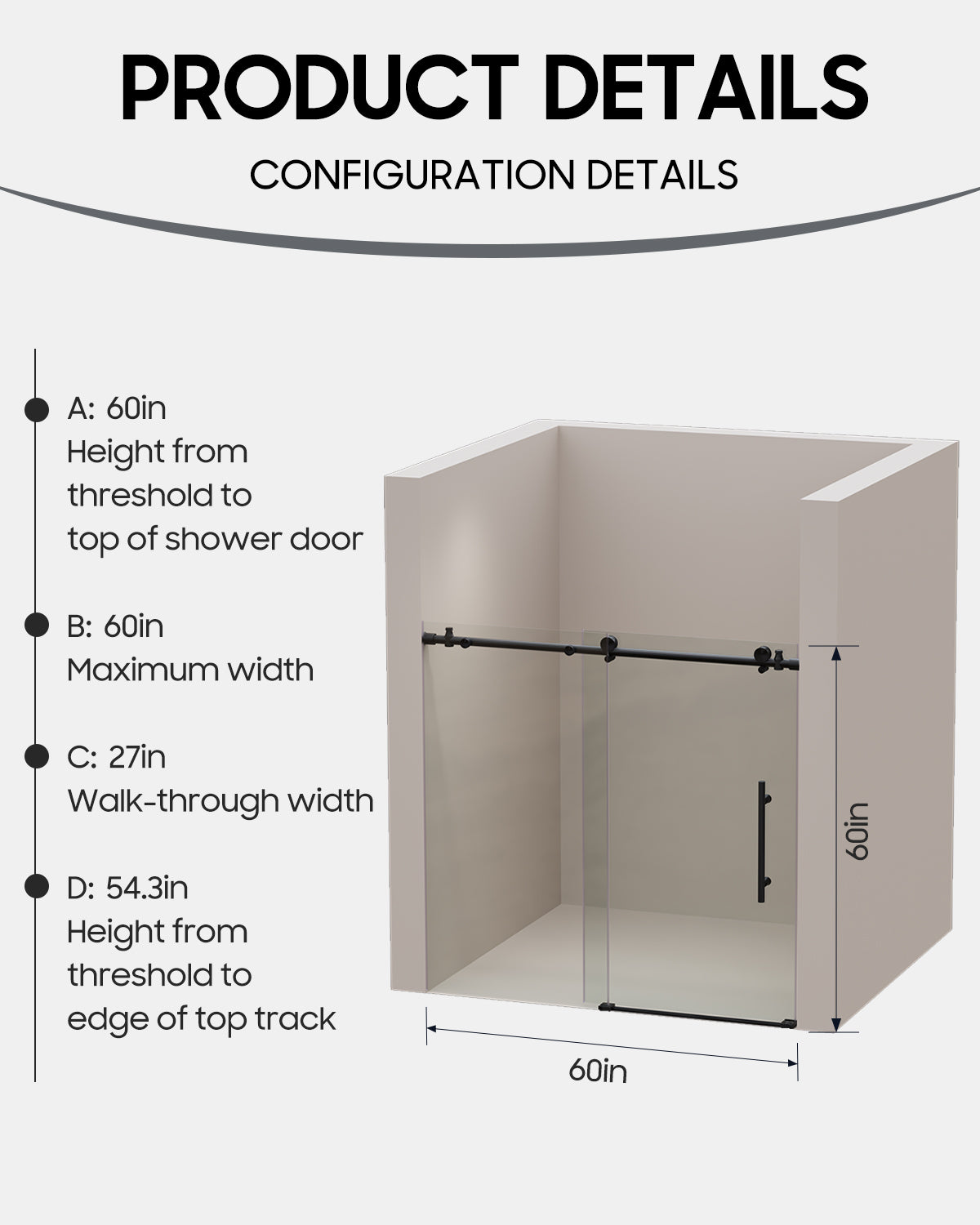 Frameless Sliding Glass Shower Doors 60" W x 59"H with 5/16"(8mm) Clear Tempered Glass, Matt Black Finish