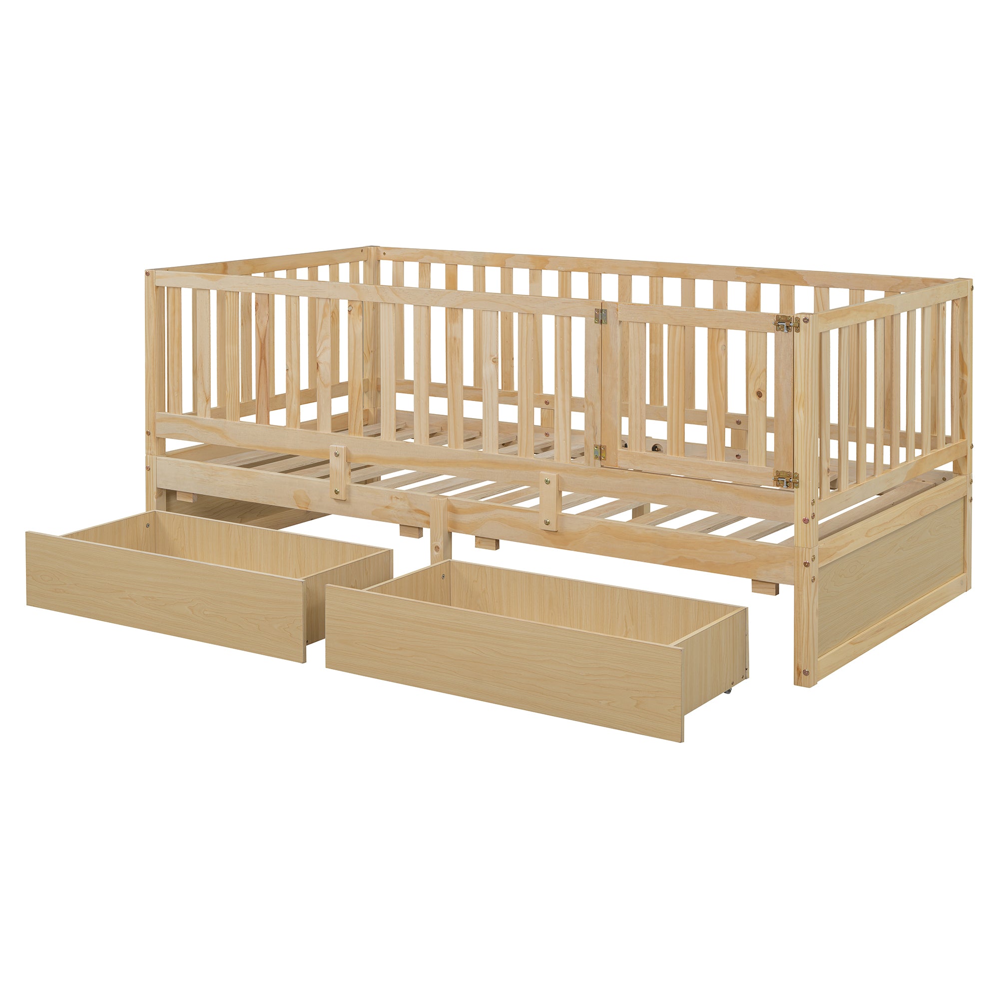 Twin Size Wood Daybed with Fence Guardrails and 2 Drawers, Split into Independent Floor Bed & Daybed, Natural(OLD SKU :LP000881AAN)