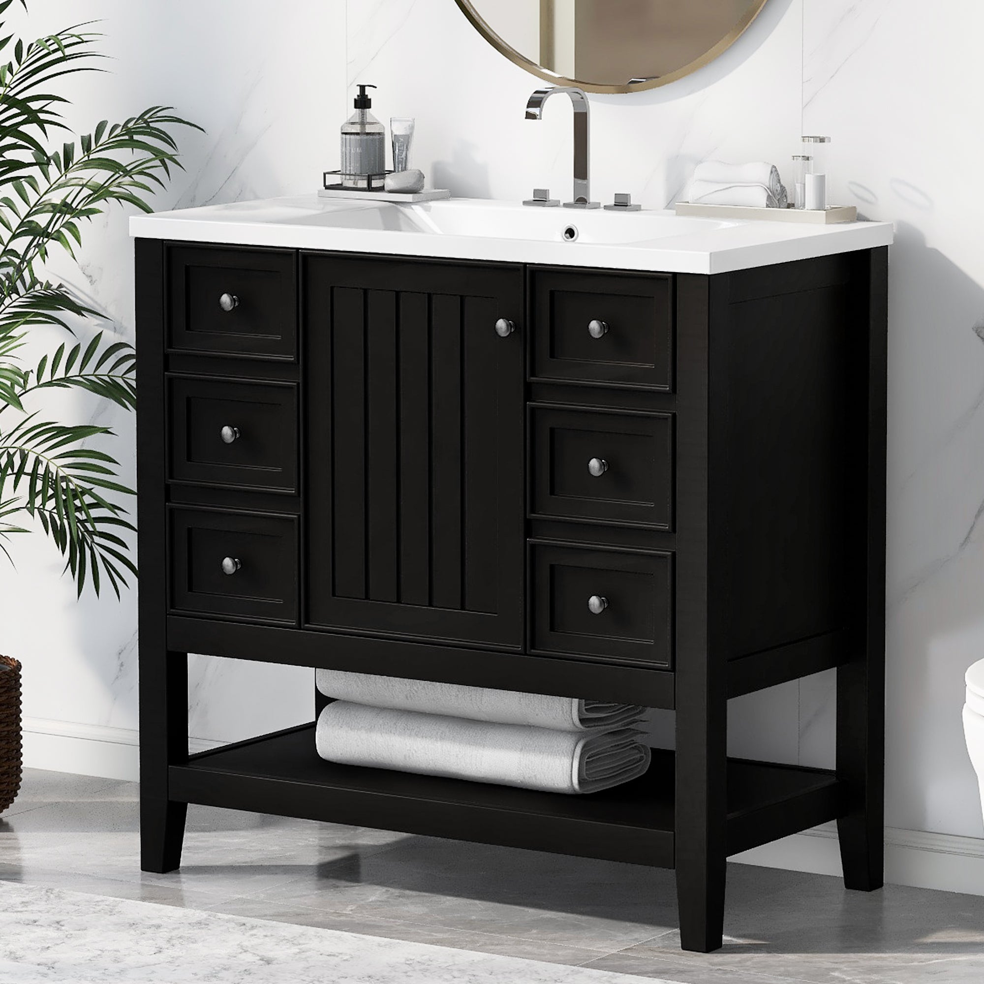 36" Bathroom Vanity with Sink Combo, One Cabinet and Three Drawers, Solid Wood and MDF Board, Black (Old Sku:SY999505AAB)