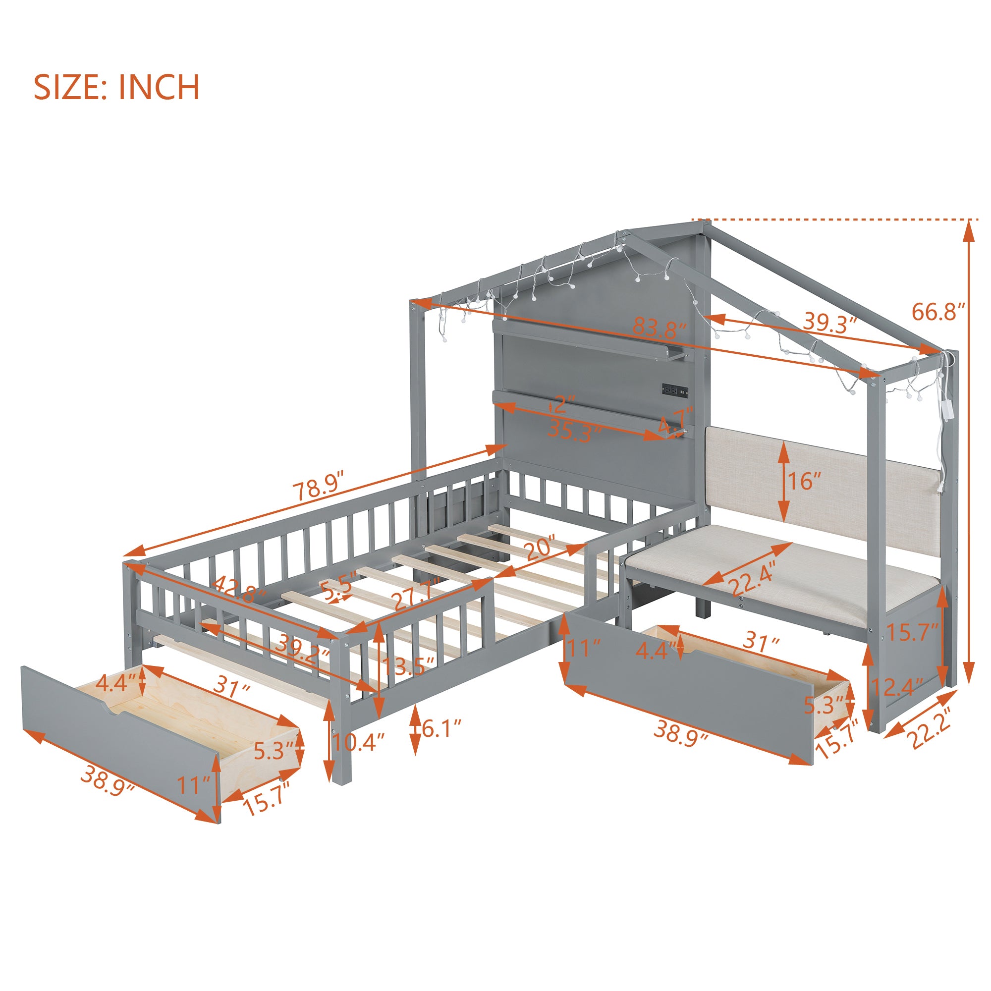 Twin Size House Bed with Upholstered Sofa, House Bed with Charging Station, Wireless Charging, Shelves and Two Drawers, Gray