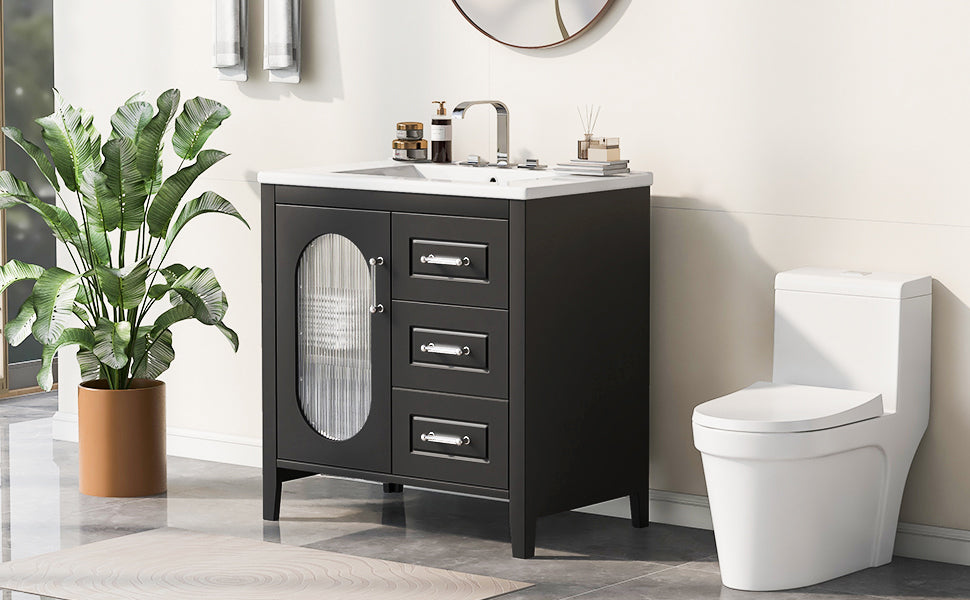 30" Bathroom Vanity with Sink, Bathroom Vanity Cabinet with Two Drawers and Door, Adjustable Shelf, Solid Wood and MDF, Black