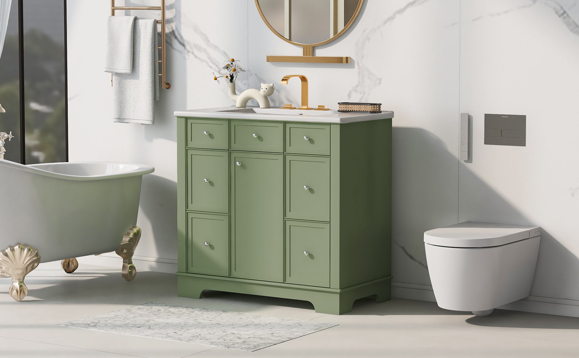 36" Bathroom Vanity with Sink, One Cabinet with Three drawers and One Flip Drawer, Solid Wood and MDF Board, Green