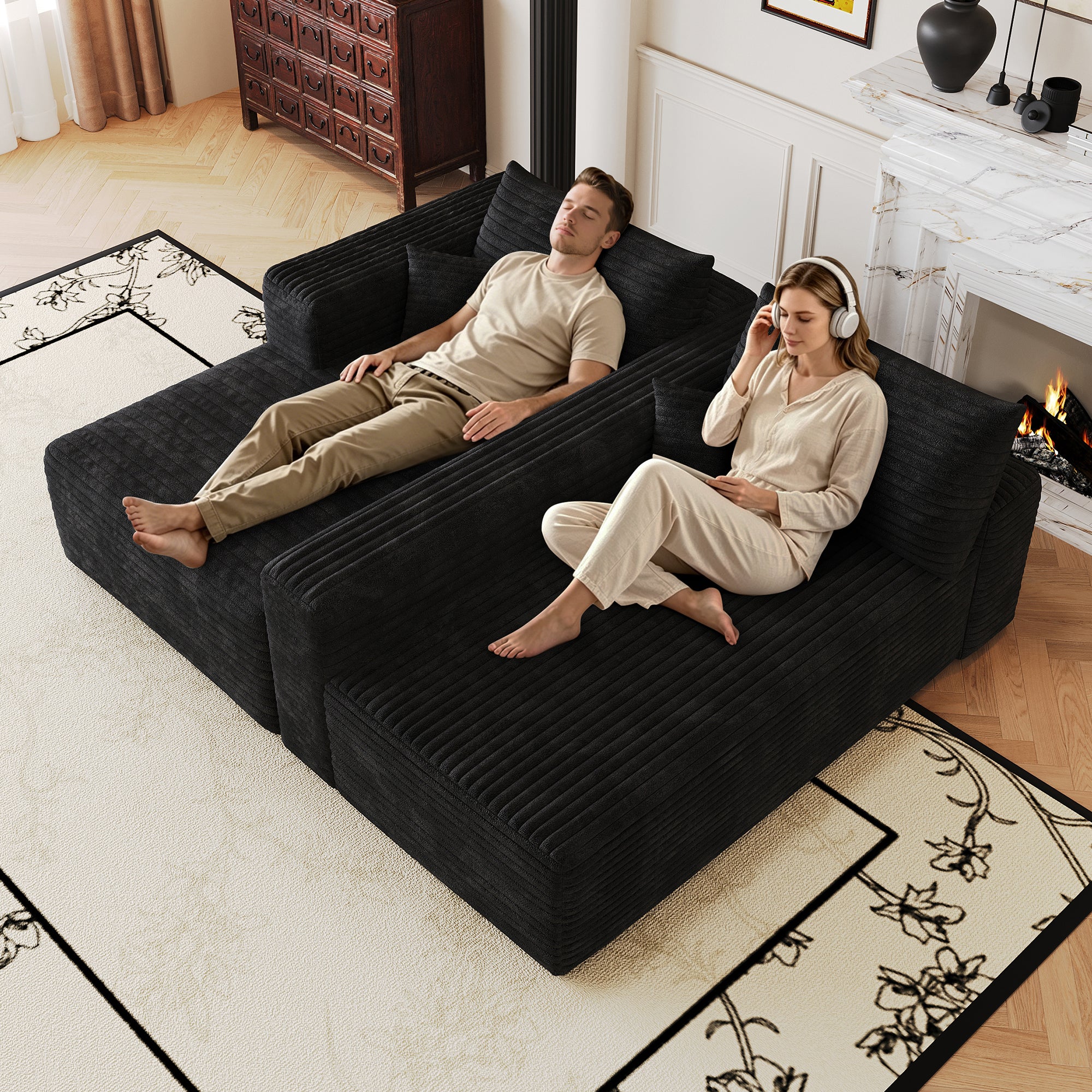 Black corduroy deep-seat sectional sofa, side profile view