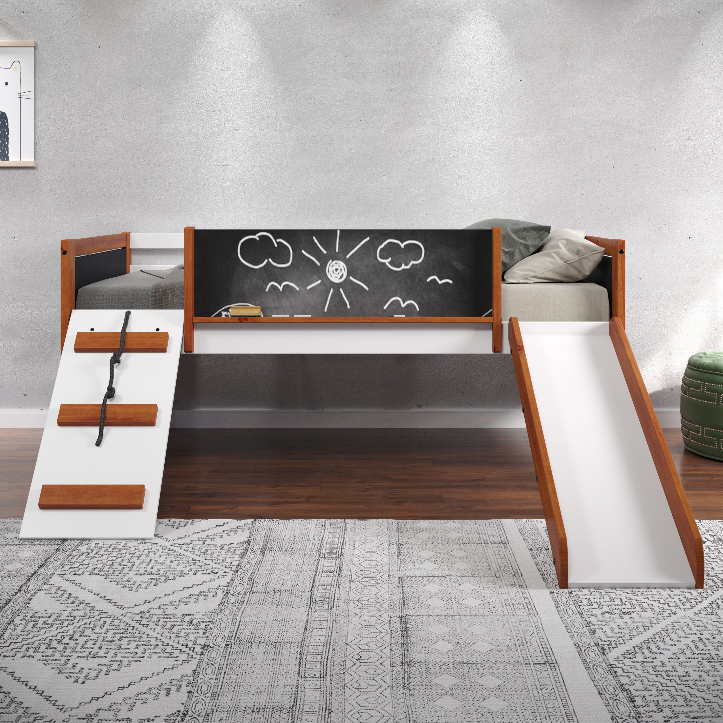 Aurea Cherry Oak & White Finish Twin Loft Bed with Slide (Slats Ststem Included)