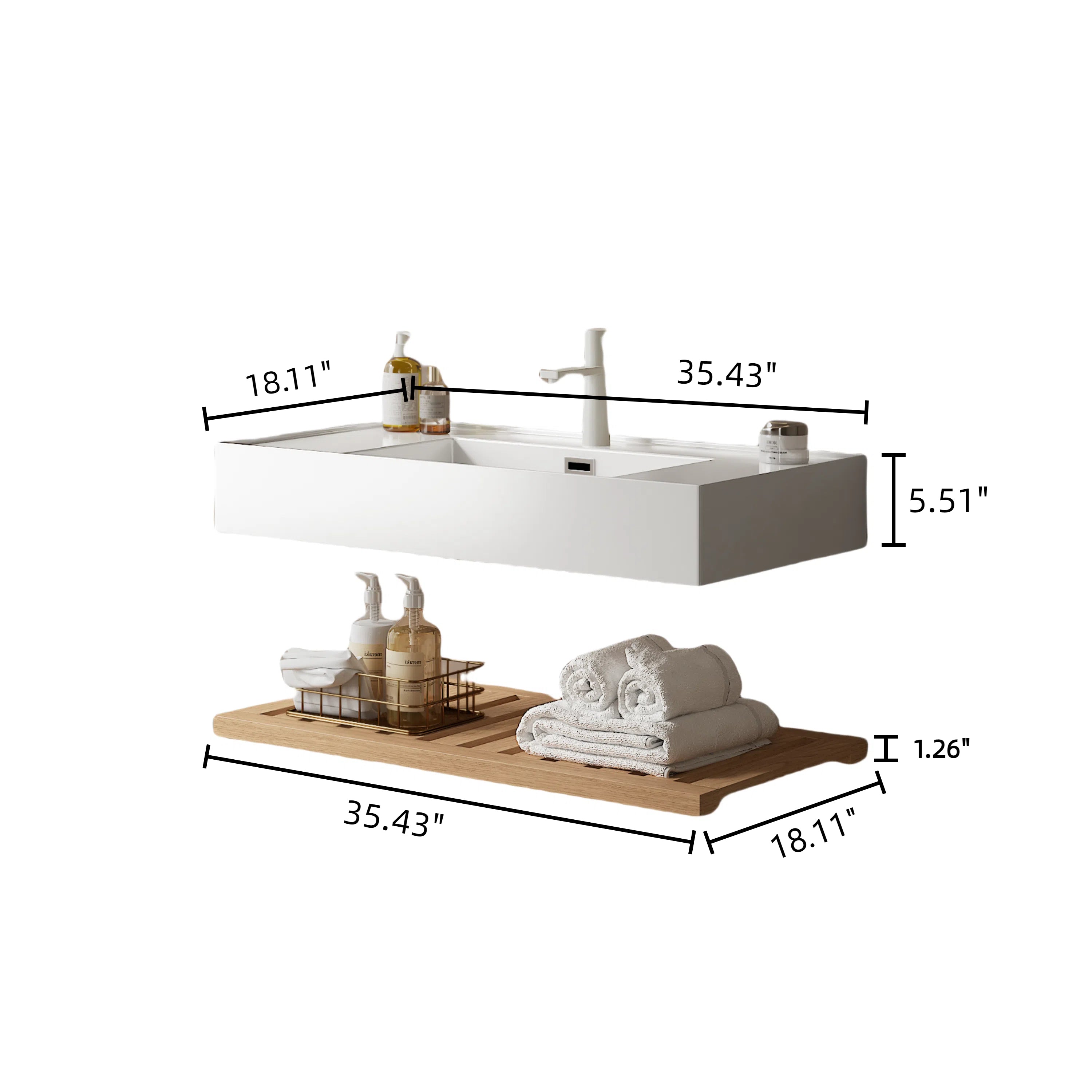 LEDE 36" Bathroom Vanity with Vessel Sink, Wall-Mounted Floating White Rectangular Acrylic Integrated Basin without Faucet, Striped Shelves Layer, Natural Wood