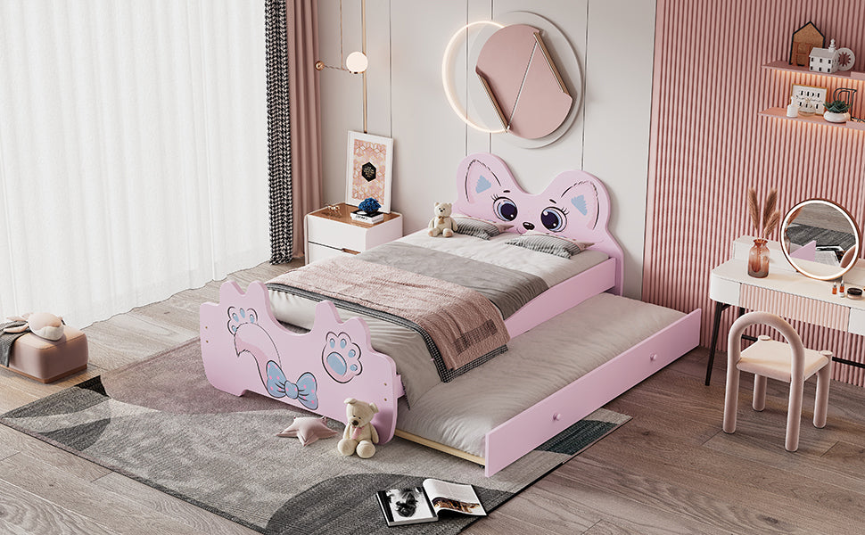 Cartoon Twin Size Platform Bed with Trundle, Pink