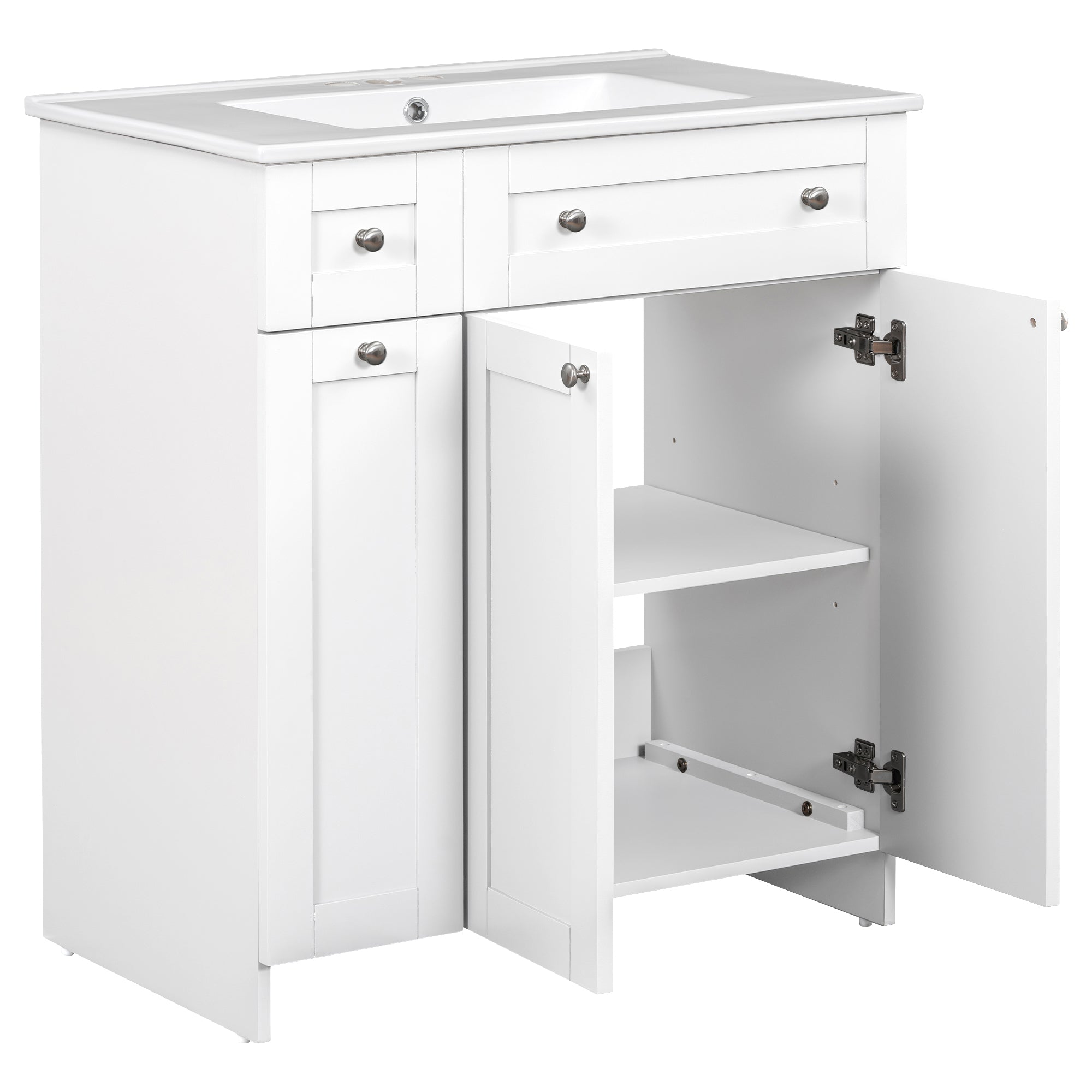 30-Inch White Bathroom Vanity with Ceramic Sink Combo, Abundant Storage Cabinet - 2 Soft close Doors and Double-tier Deep Drawer