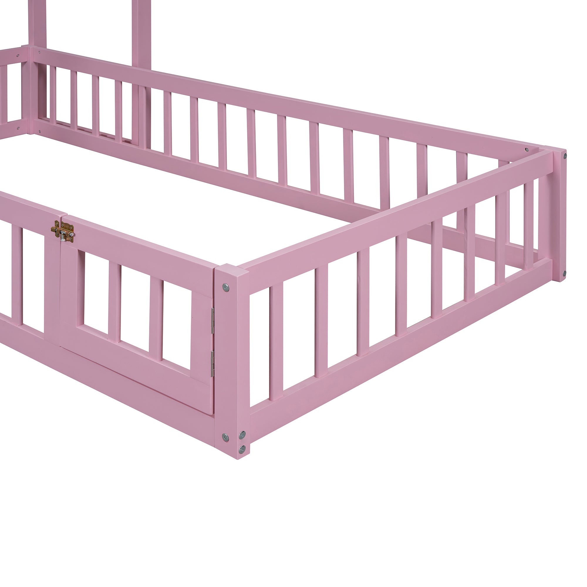 Wooden Floor Bed with Fence Railings and Detachable House Shape Headboard, Twin Size Bed with Kids Dress Up Rack, Kids Montessori Style Playhouse Frame for Girls Boys, Pink