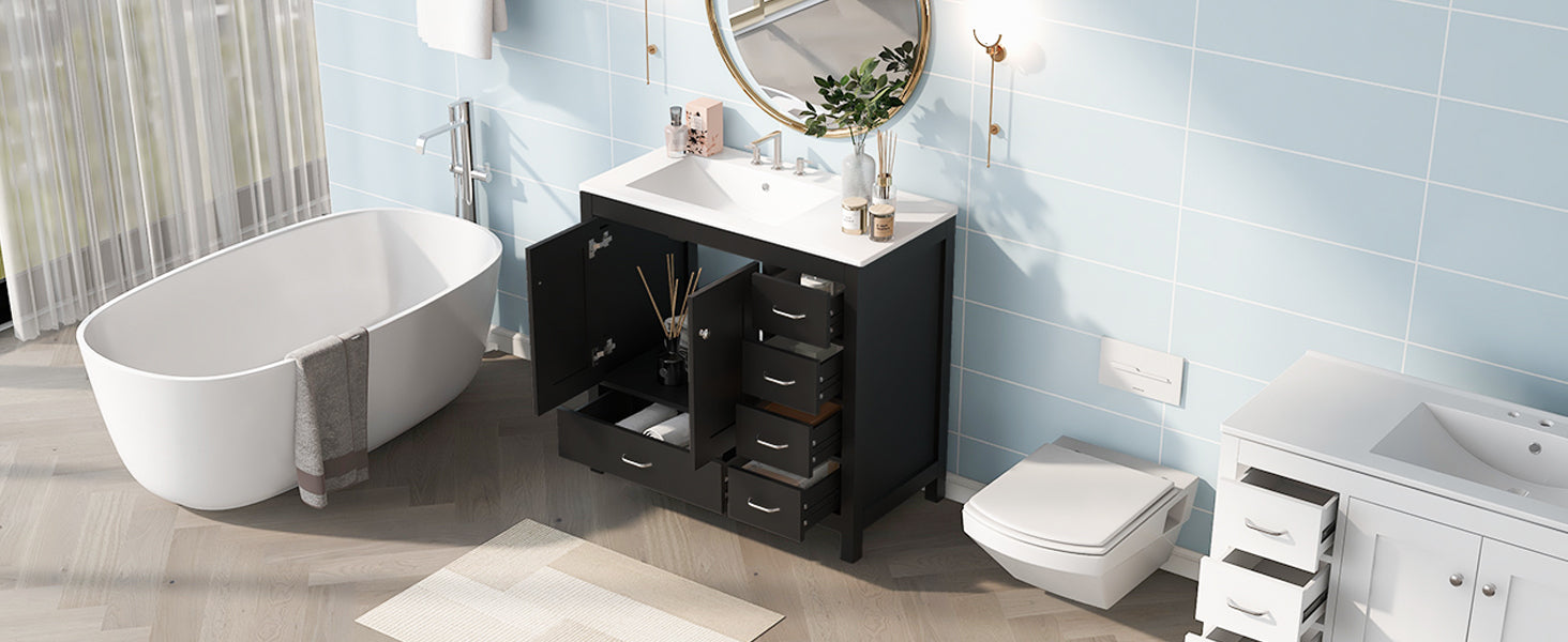 36" Black Bathroom Vanity with Ceramic Sink Combo, Abundant Storage Cabinet -2 Soft close doors and 5 drawers