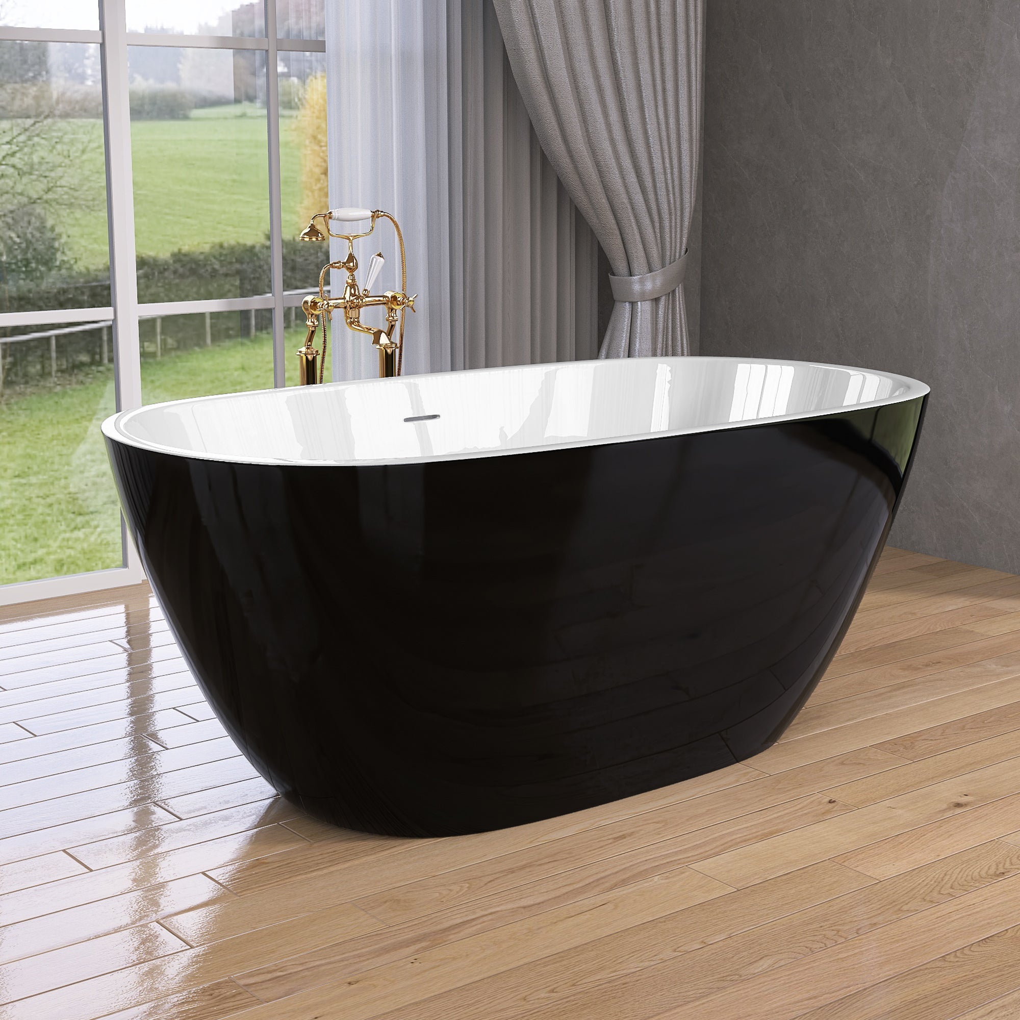 55" Acrylic Freestanding Bathtub Modern Stand Alone Soaking Bathtub with Overflow and Pop-up Drain Gloss Black