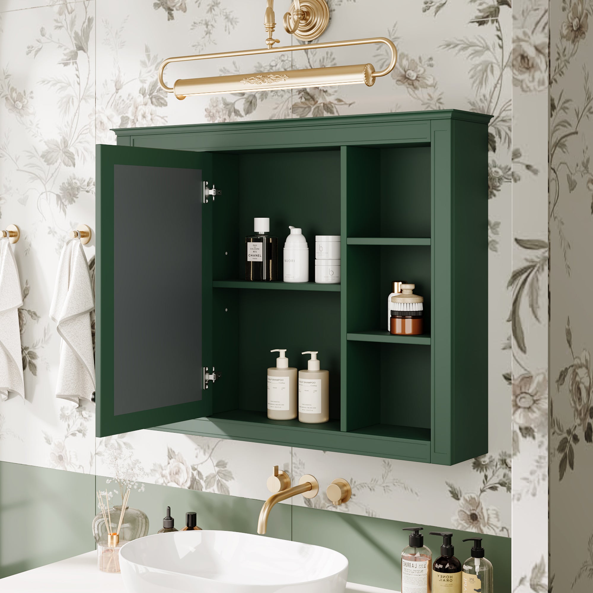 35'' x 27.5'' Medicine Cabinet, Wall Mounted Bathroom Storage Cabinet, Modern Bathroom Wall Cabinet with Mirror, Mirror Cabinet with 6 Open Shelves (Not Include Bathroom Vanity )