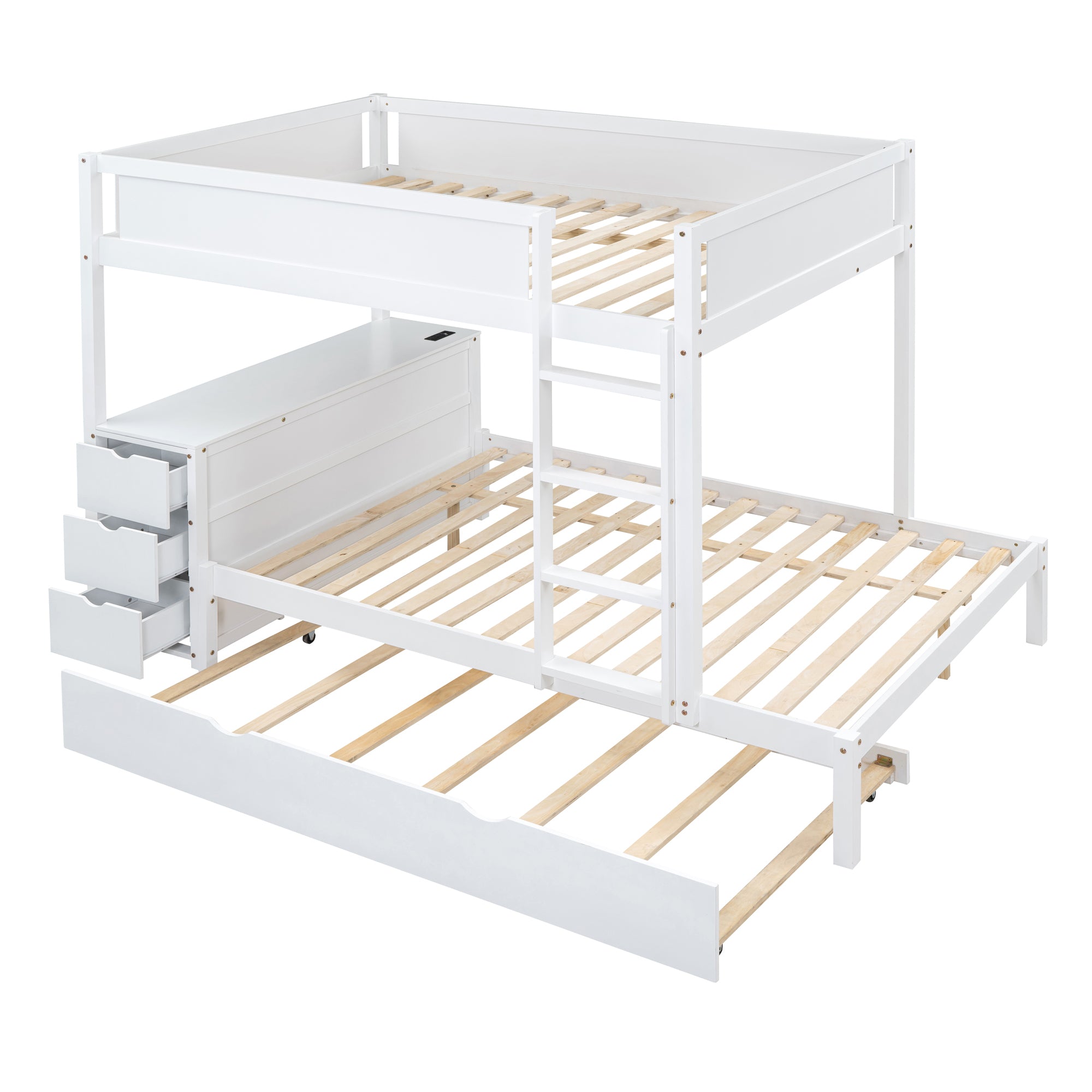 Full-Over-Full Bunk Bed with Twin size Trundle, Storage and Desk, White