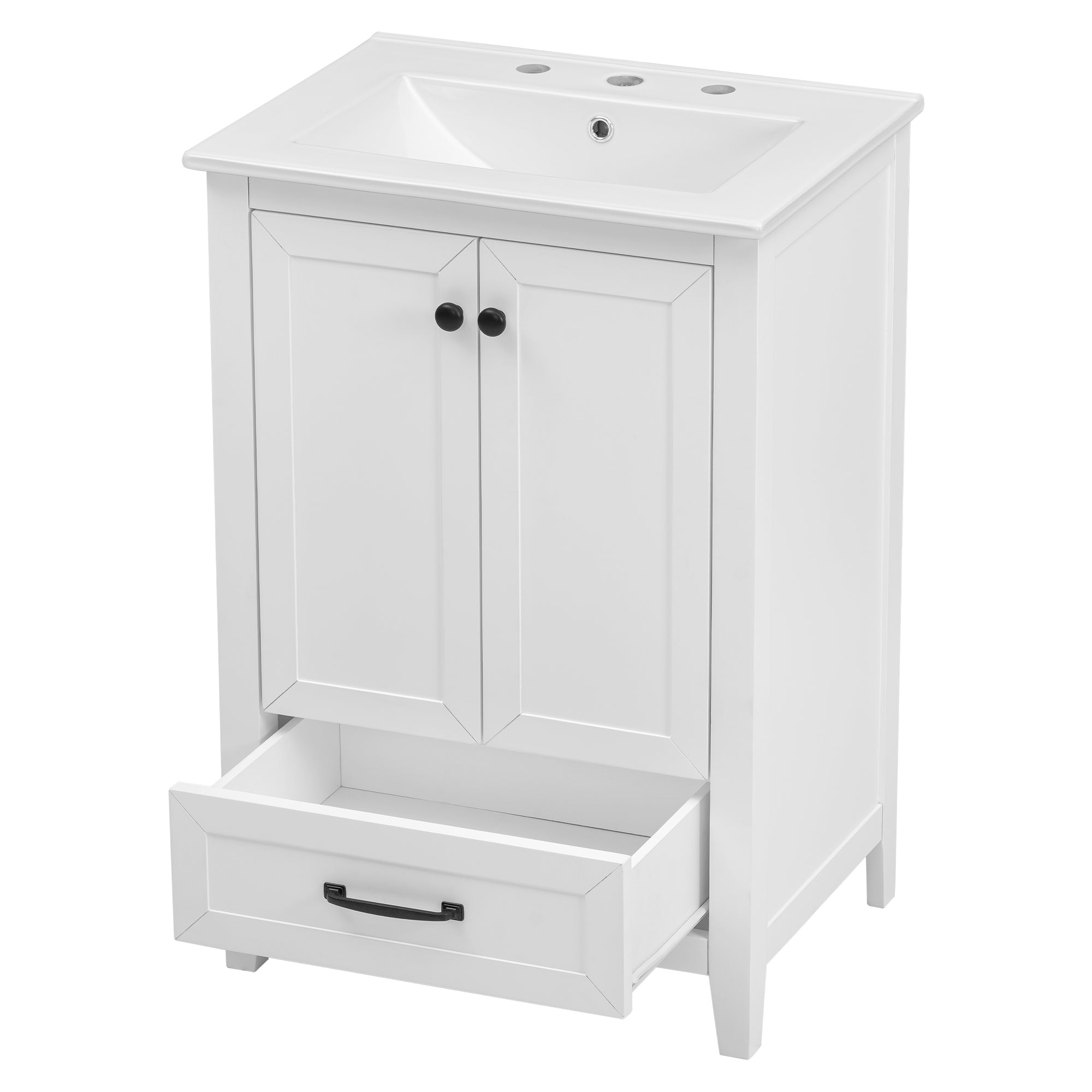 24" Bathroom Vanity with Sink, Bathroom Vanity Cabinet with One Drawer and Doors, Solid Wood and MDF, White