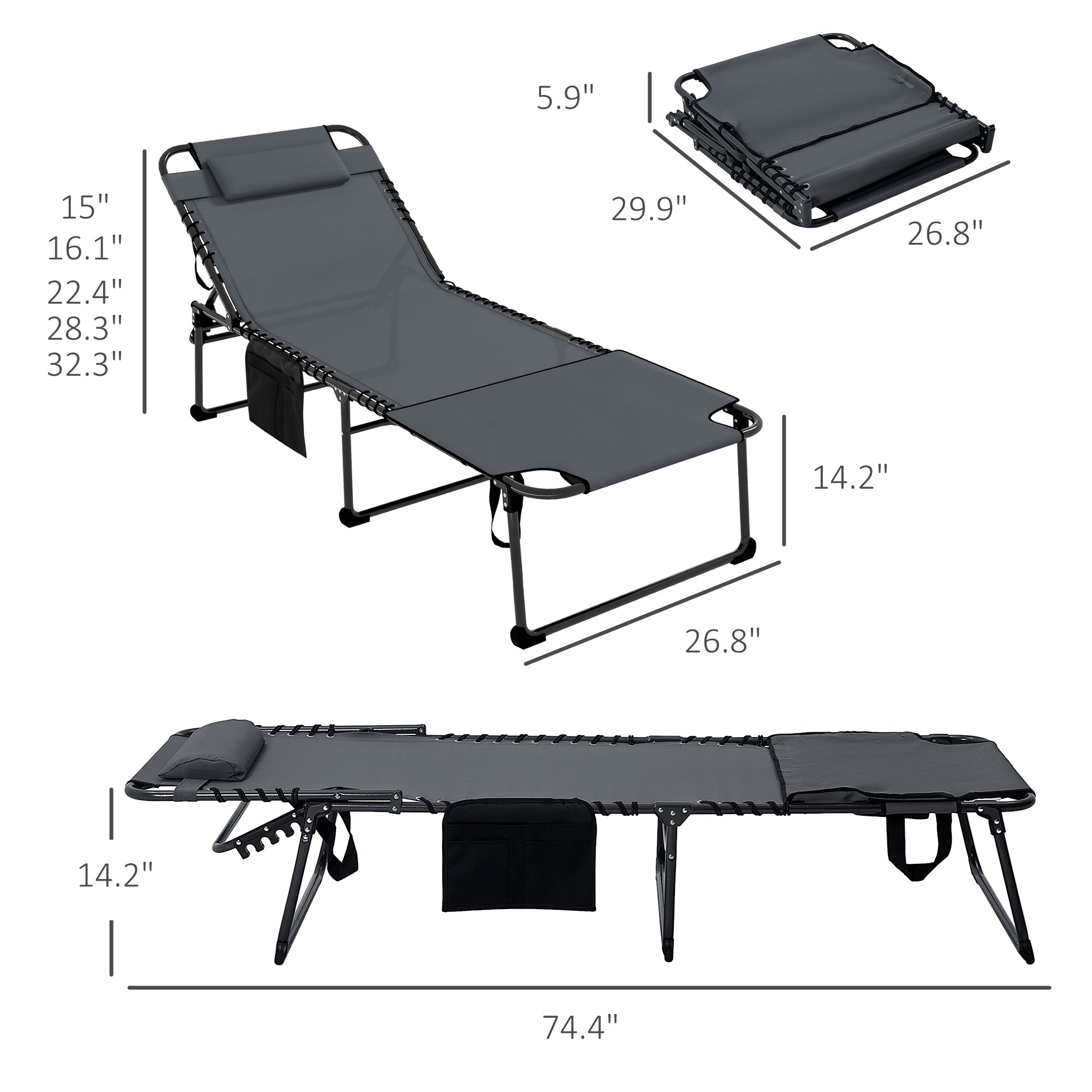 Outsunny 2 Piece Folding Chaise Lounge with 5-level Reclining Back, Outdoor Tanning Chair with Reading Face Hole, Outdoor Lounge Chair with Side Pocket & Headrest for Beach, Yard, Patio, Gray