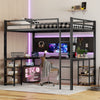 Full XL Metal Loft Bed with Desk and Shelves, Loft Bed with Ladder and Guardrails, Loft Bed Frame for Bedroom, Black