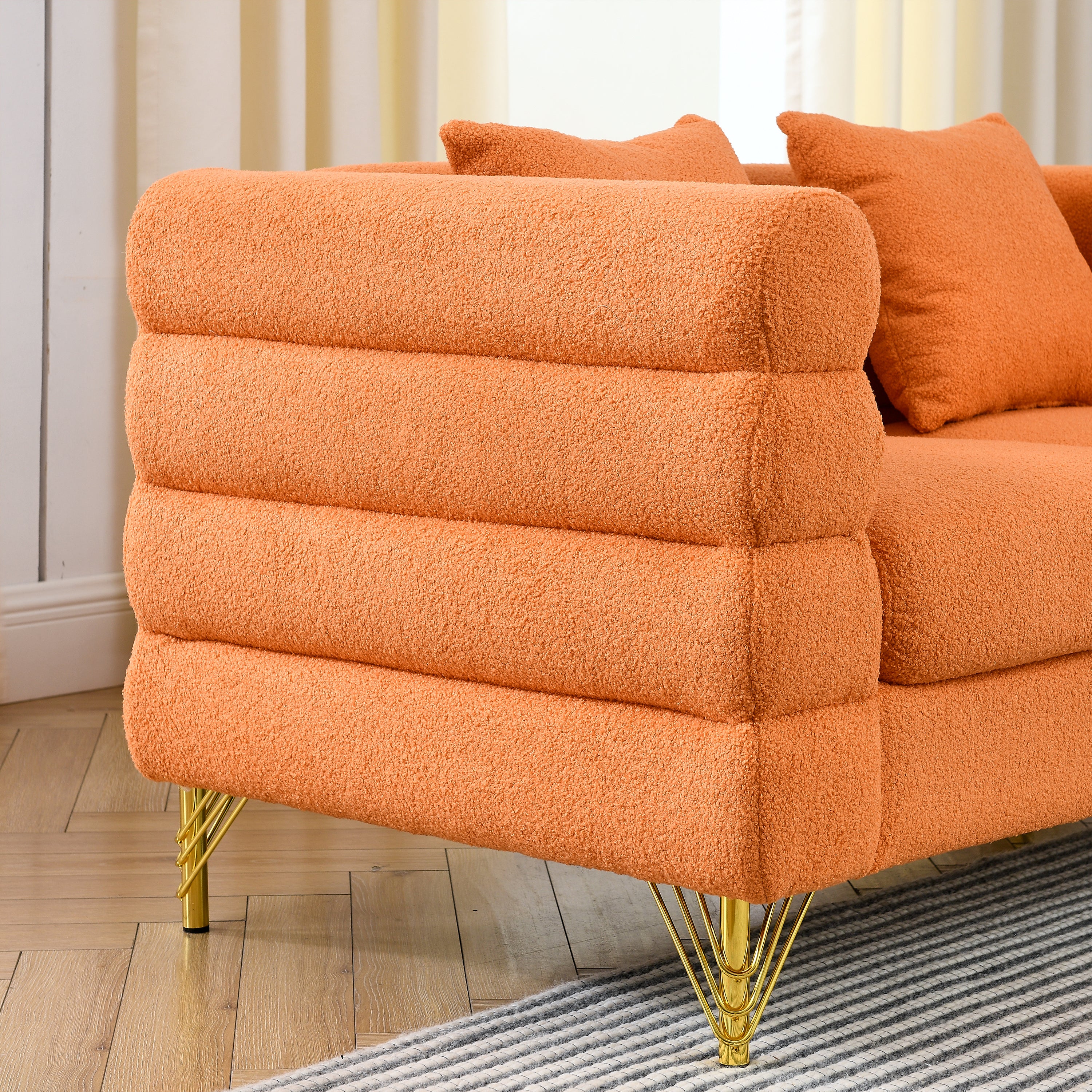 60Inch Oversized 2 Seater Sectional Sofa, Living Room Comfort Fabric Sectional Sofa-Deep Seating Sectional Sofa, Soft Sitting with 2 Pillows for Living Room,Bedroom,Office,Orange teddy(W834S00031)