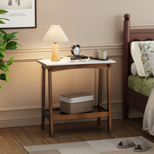 Reddish brown narrow side table with storage shelf, front view
