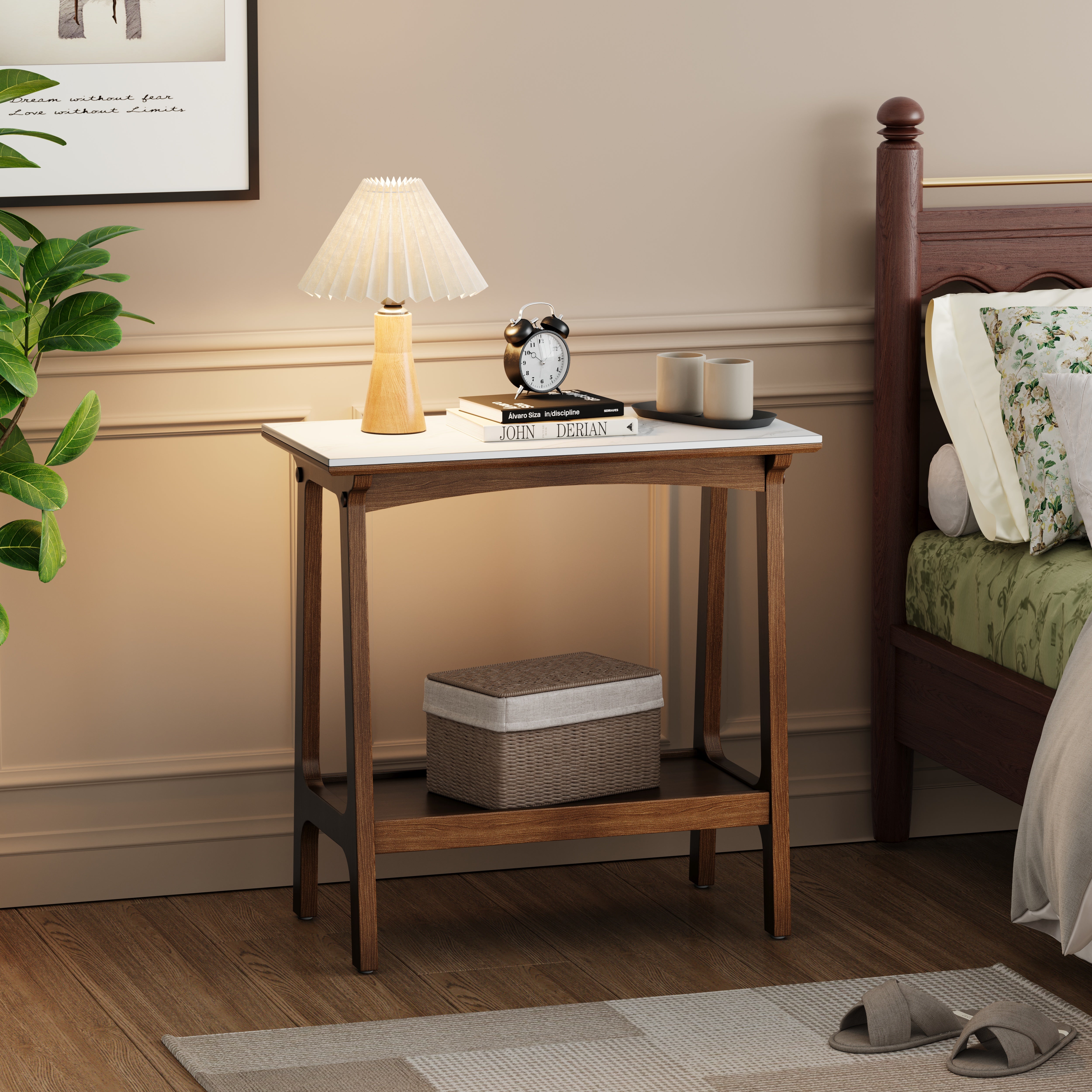Reddish brown narrow side table with storage shelf, front view
