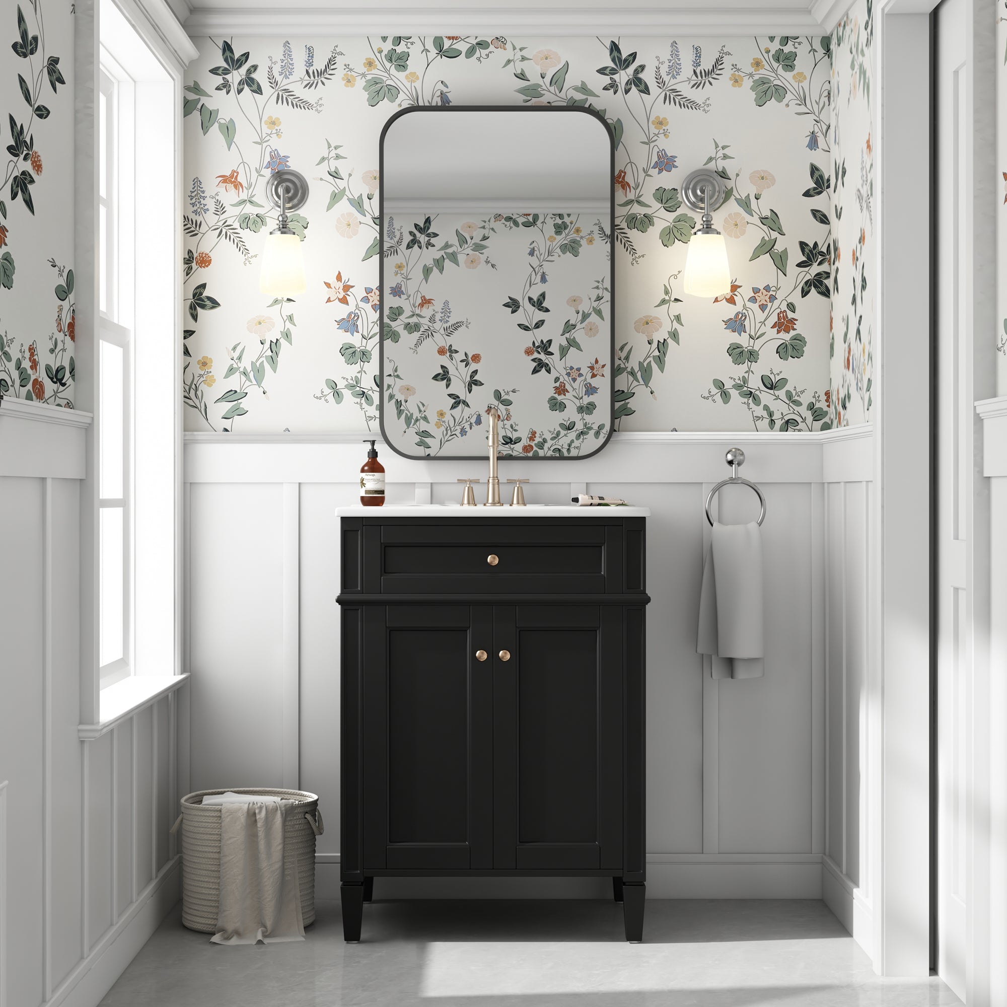 Bathroom vanity storage cabinet with open doors and organizers