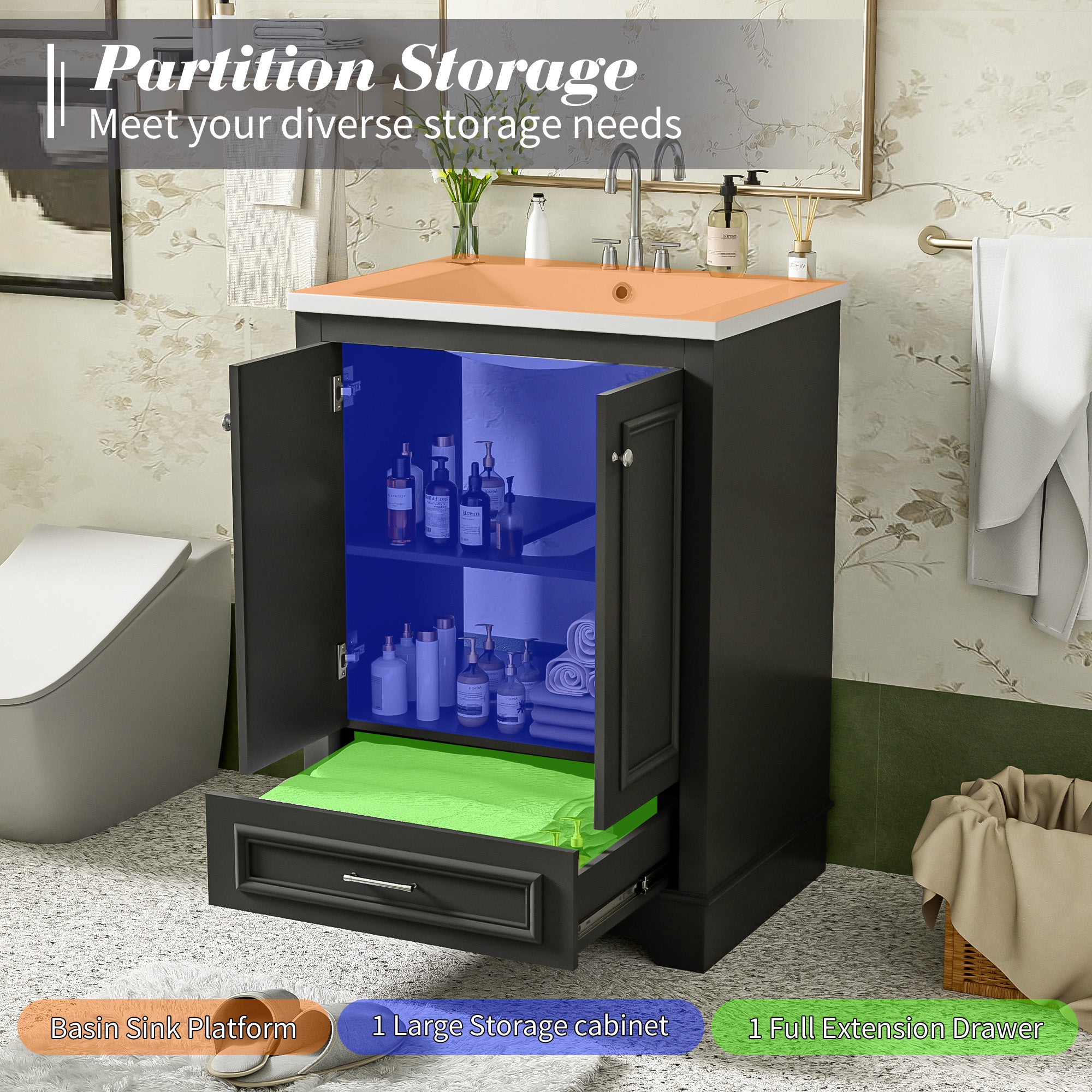 Modern bathroom vanity with silver handles, side profile view