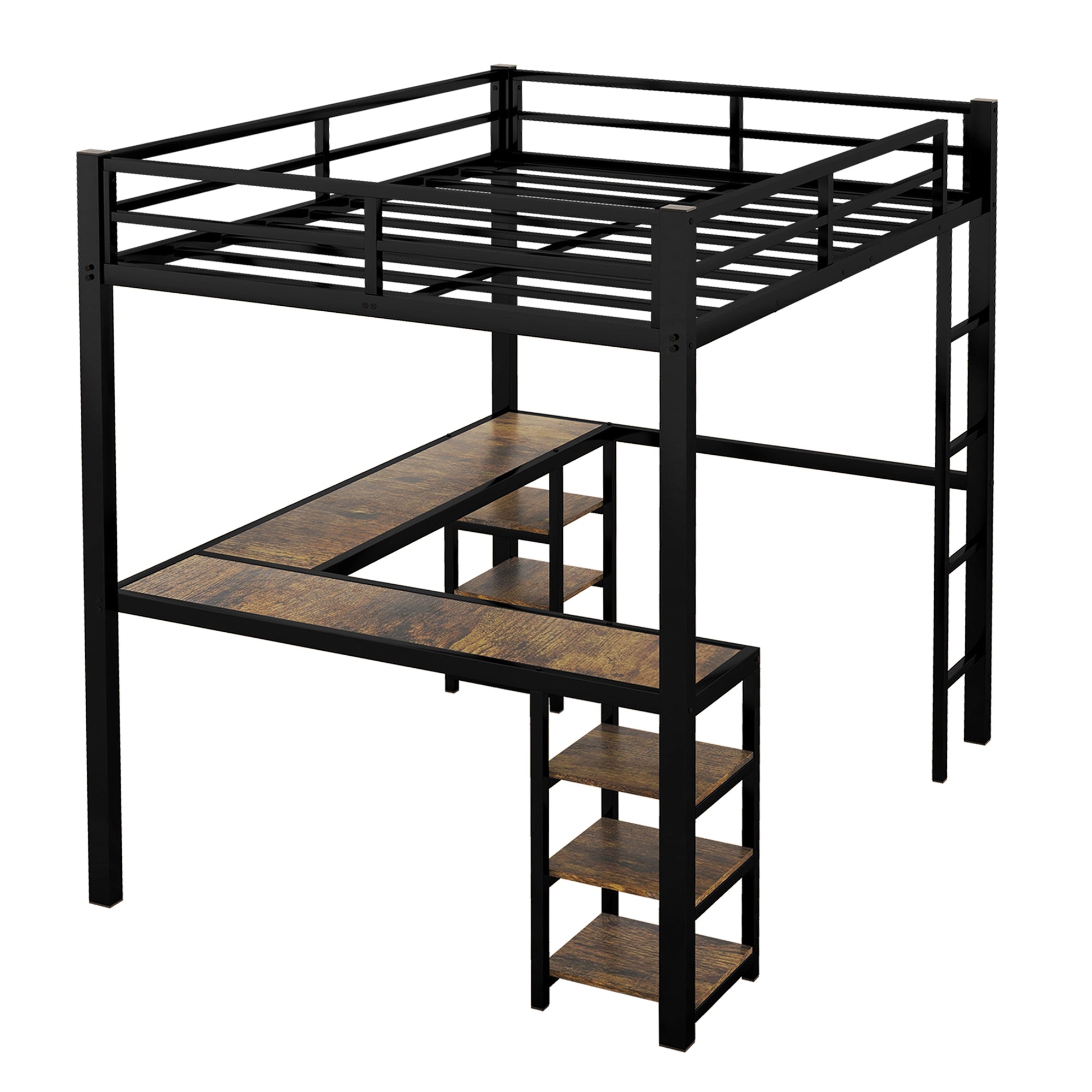 Full Metal Loft Bed with Desk and Shelves, Loft Bed with Ladder and Guardrails, Loft Bed Frame for Bedroom, Black with Vintage wood-colored desk(Old SKU: W1307S00022)