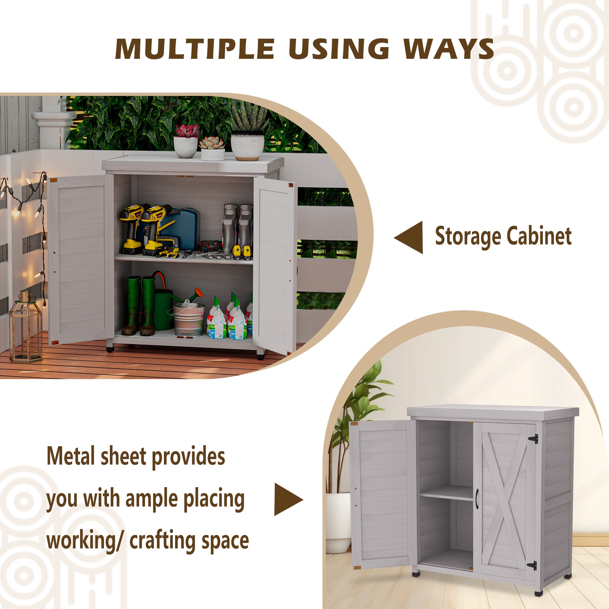 Potting Bench with Storage Cabinet and Metal Table Top for Outdoor Patio,Outdoor Work Station Table