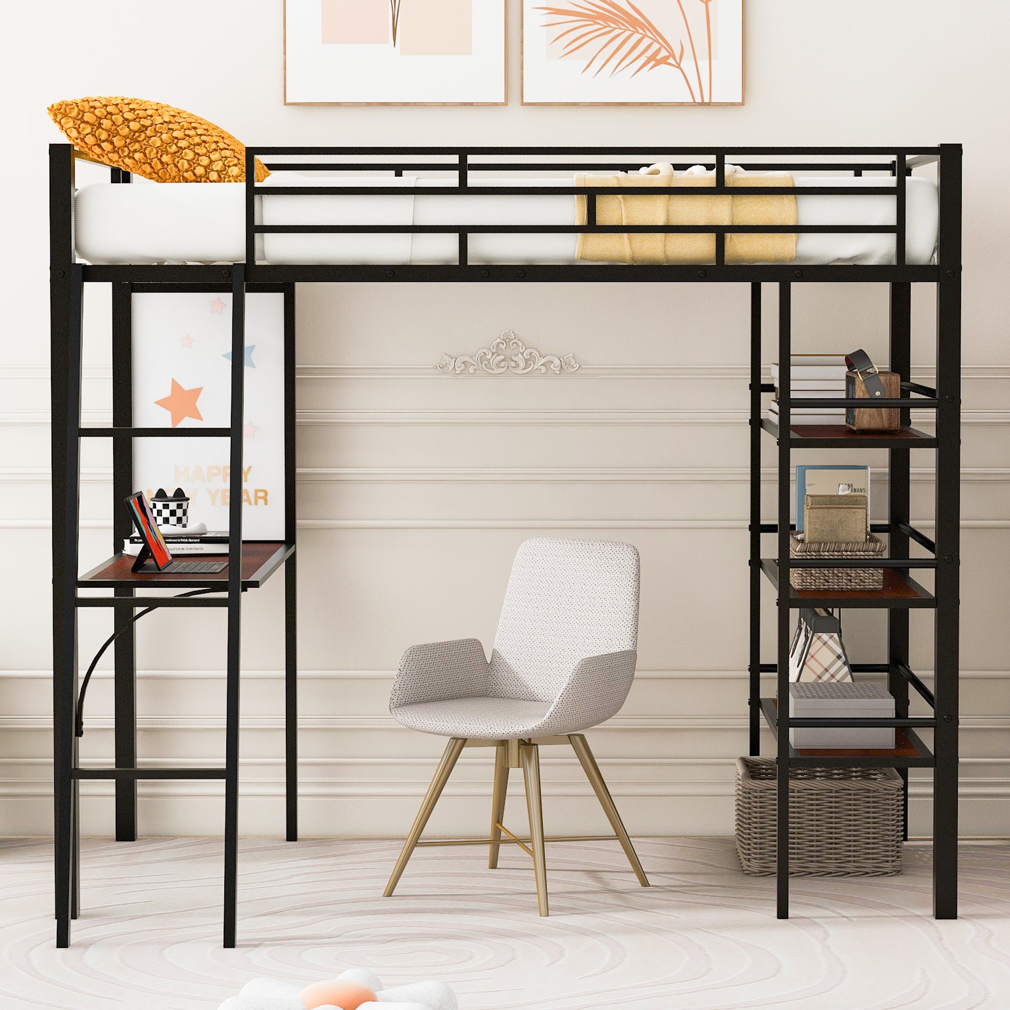 Twin Size Loft Metal Bed with 3 Layers of Shelves and Desk, Stylish Metal Frame Bed with Whiteboard, Black