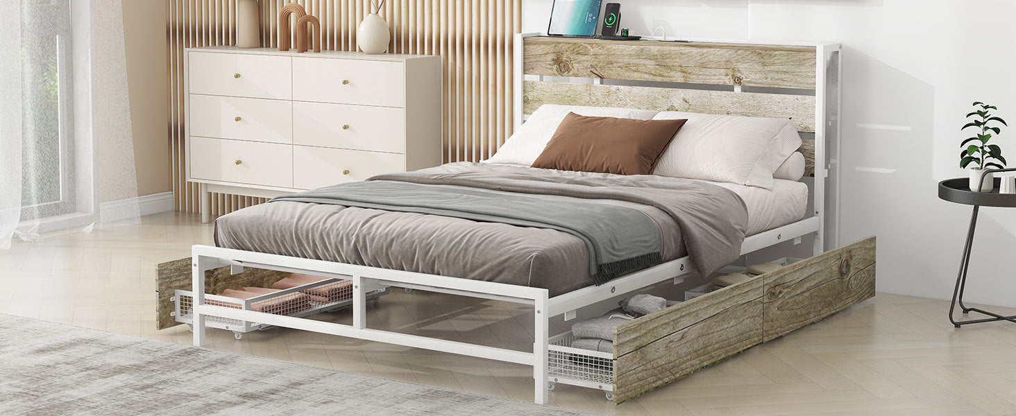 Metal Platform Bed With Four drawers, Sockets and USB Ports, Full, White