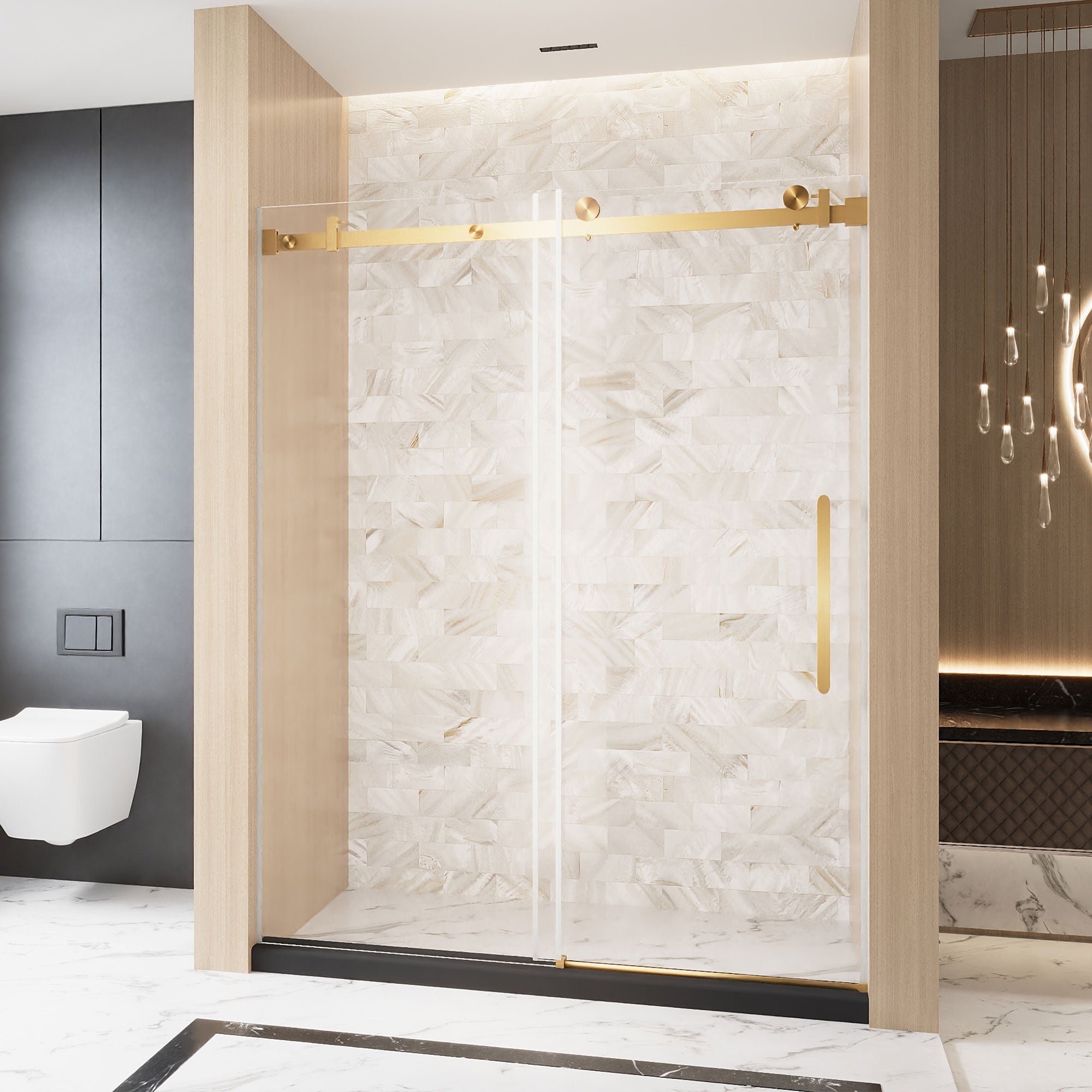 48 x 76 in Frameless Single Sliding Square-Tube Shower Door - 48 x 76 in / Brushed Gold / Square Tube view 2