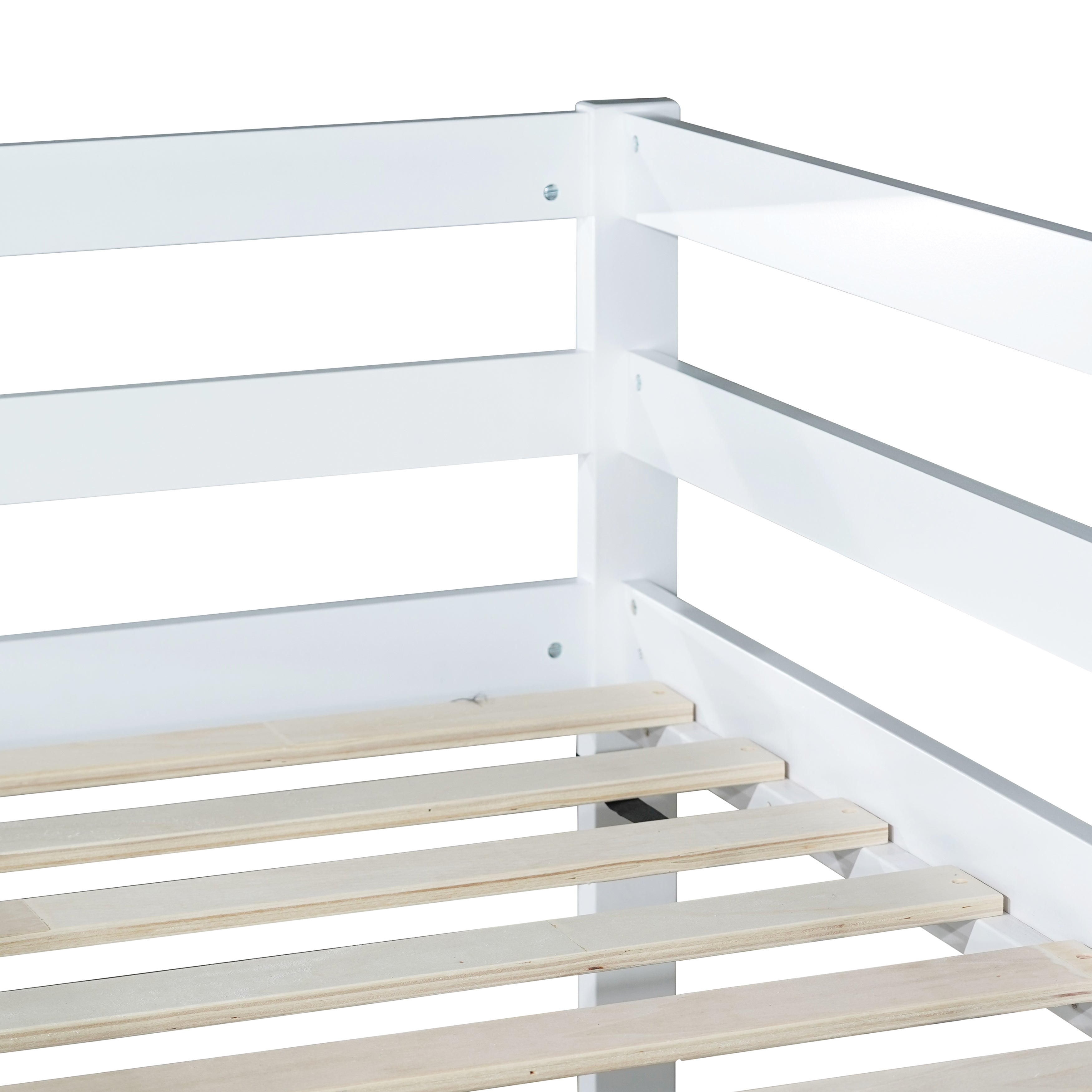 White rubberwood Twin over Twin bunk bed, angled view