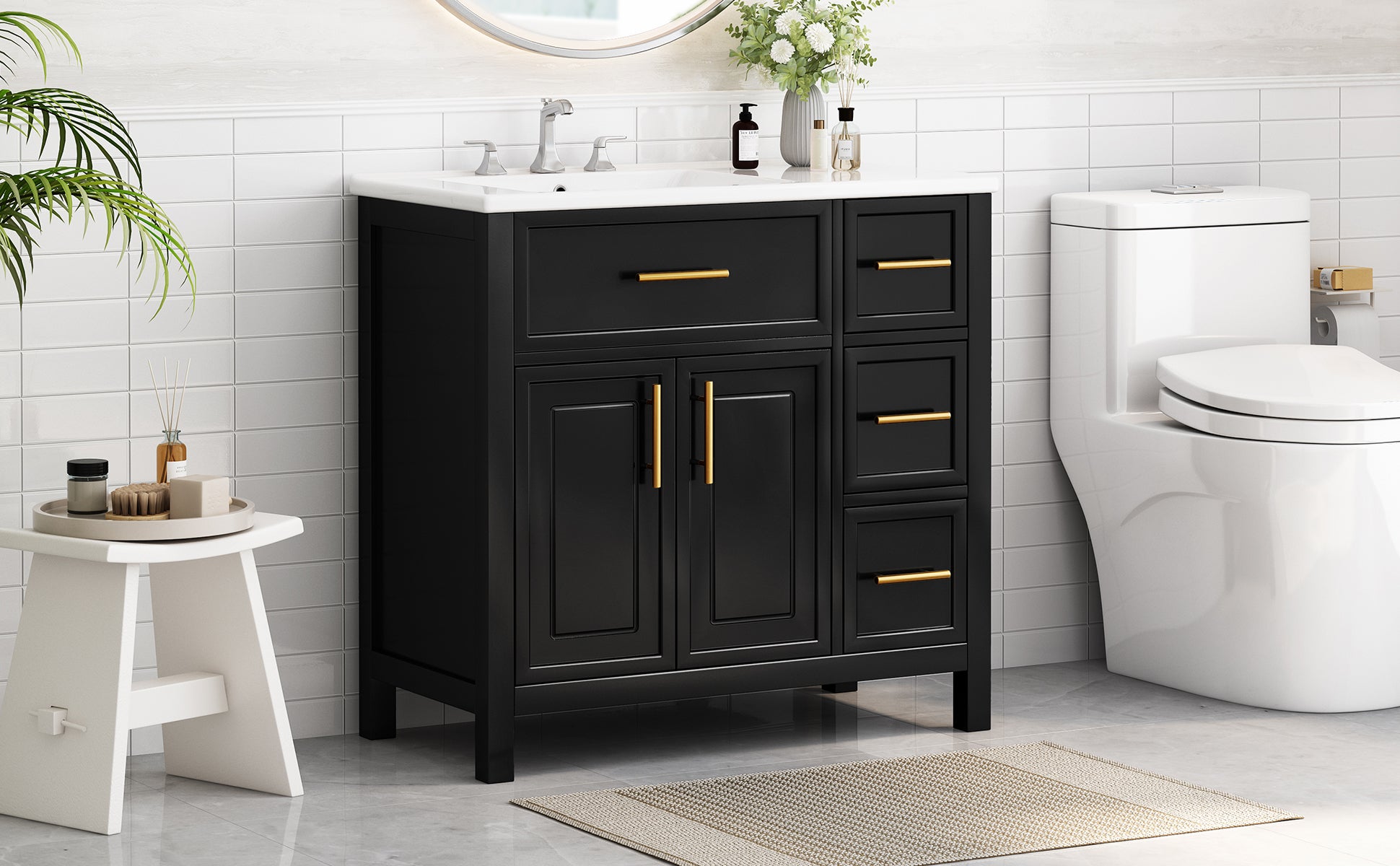 36" Bathroom Vanity with Sink Top, Bathroom Vanity Cabinet with Two Doors and Three Drawers, Solid Wood , MDF Boards ,One Package, Black