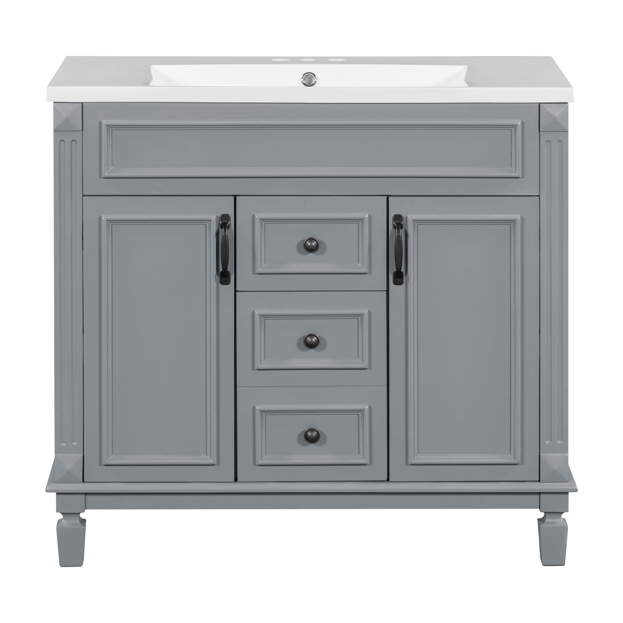 36'' Bathroom Vanity with Top Sink, Grey Mirror Cabinet, Modern Bathroom Storage Cabinet with 2 Soft Closing Doors and 2 Drawers, Single Sink Bathroom Vanity