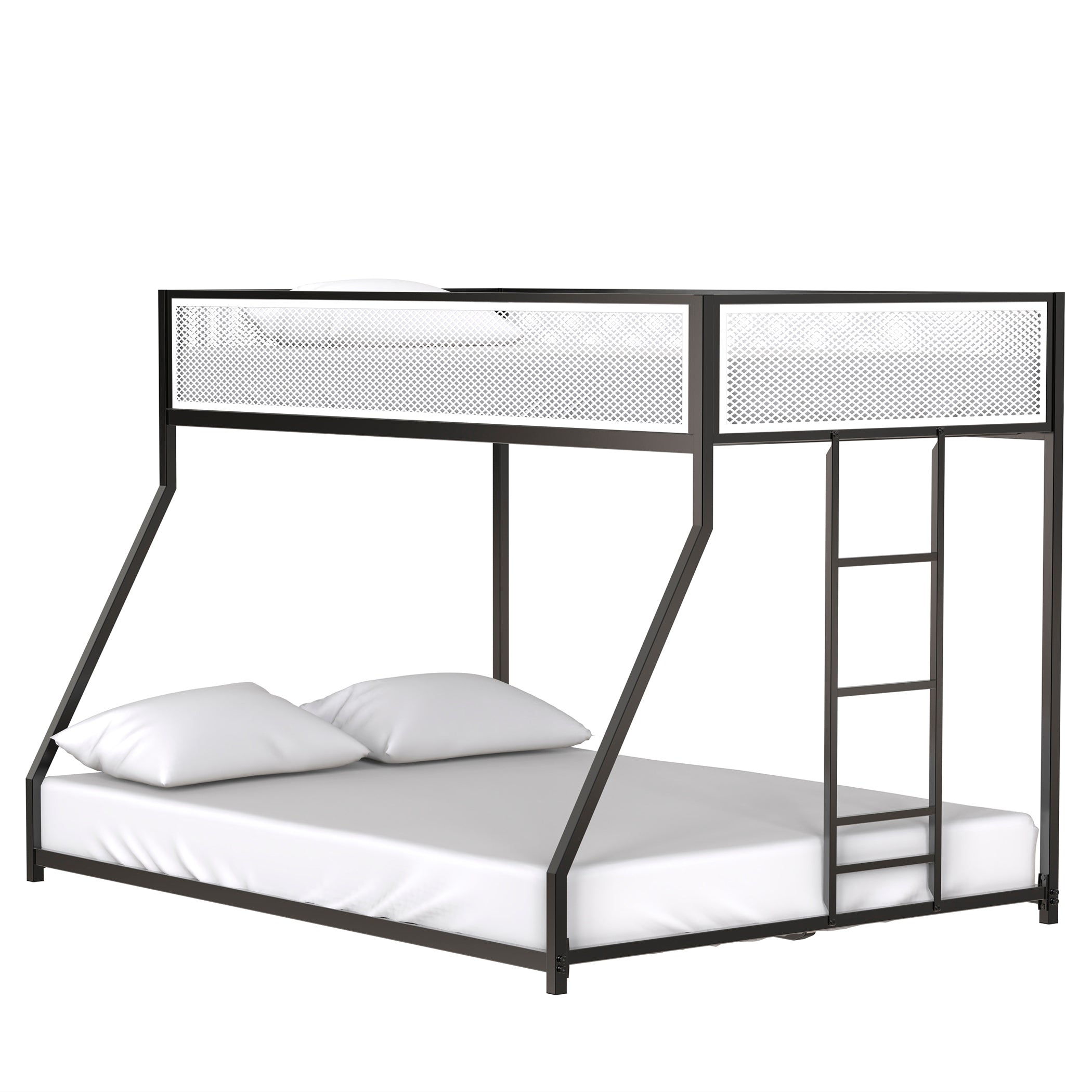 Adam Twin Full Bunk Black with White Mesh Guard Rail for Kids and Adult, Low Profile and Easy Climbing with Stable Ladder