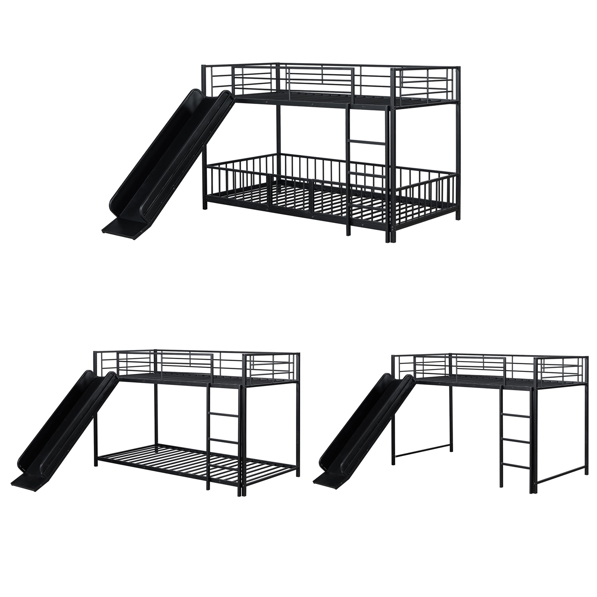 Twin over Twin Size Metal Bunk Bed with Slide and Guardrails, Black