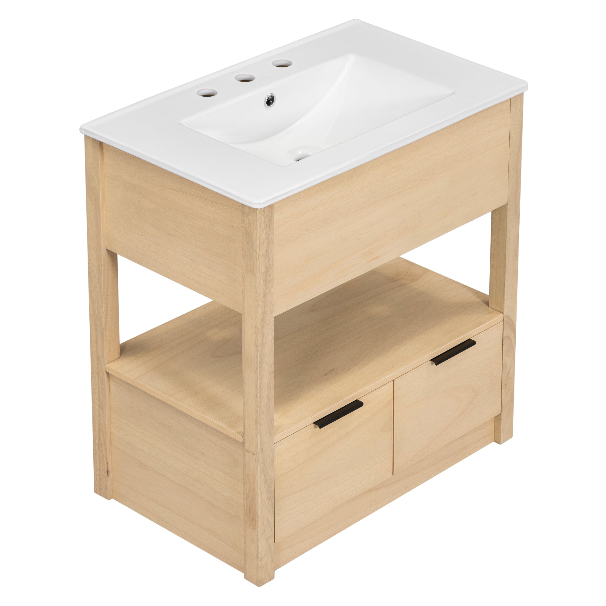 30" Bathroom Vanity with Sink Top, Bathroom Cabinet with Open Storage Shelf and Two Drawers, One Package, Natural (Old Sku:WF311619AAD)