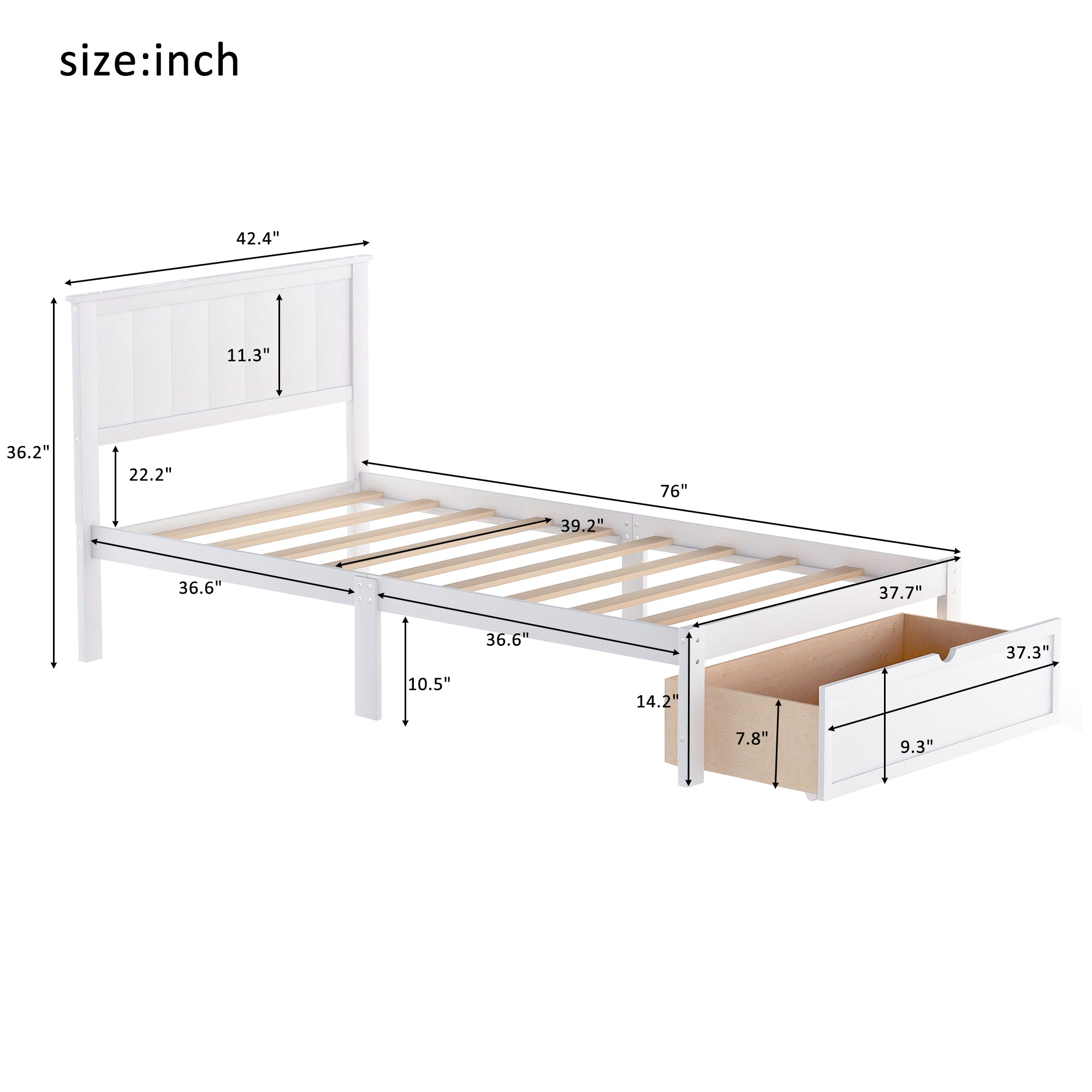 Twin Size Platform Bed with Under-bed Drawer, White