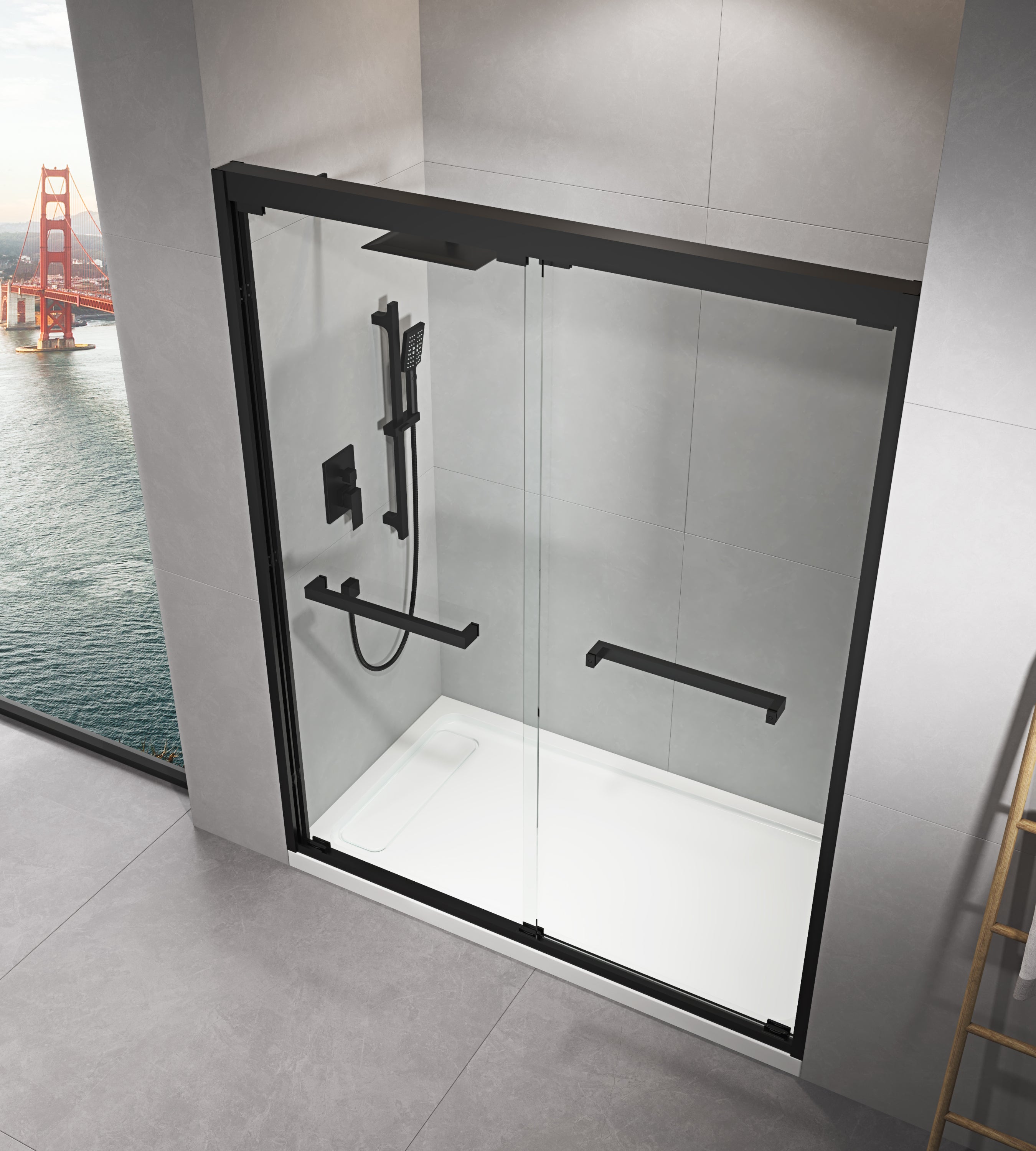 60"W x 76"H Sliding Framed Shower Door in Black Finish with Clear Glass