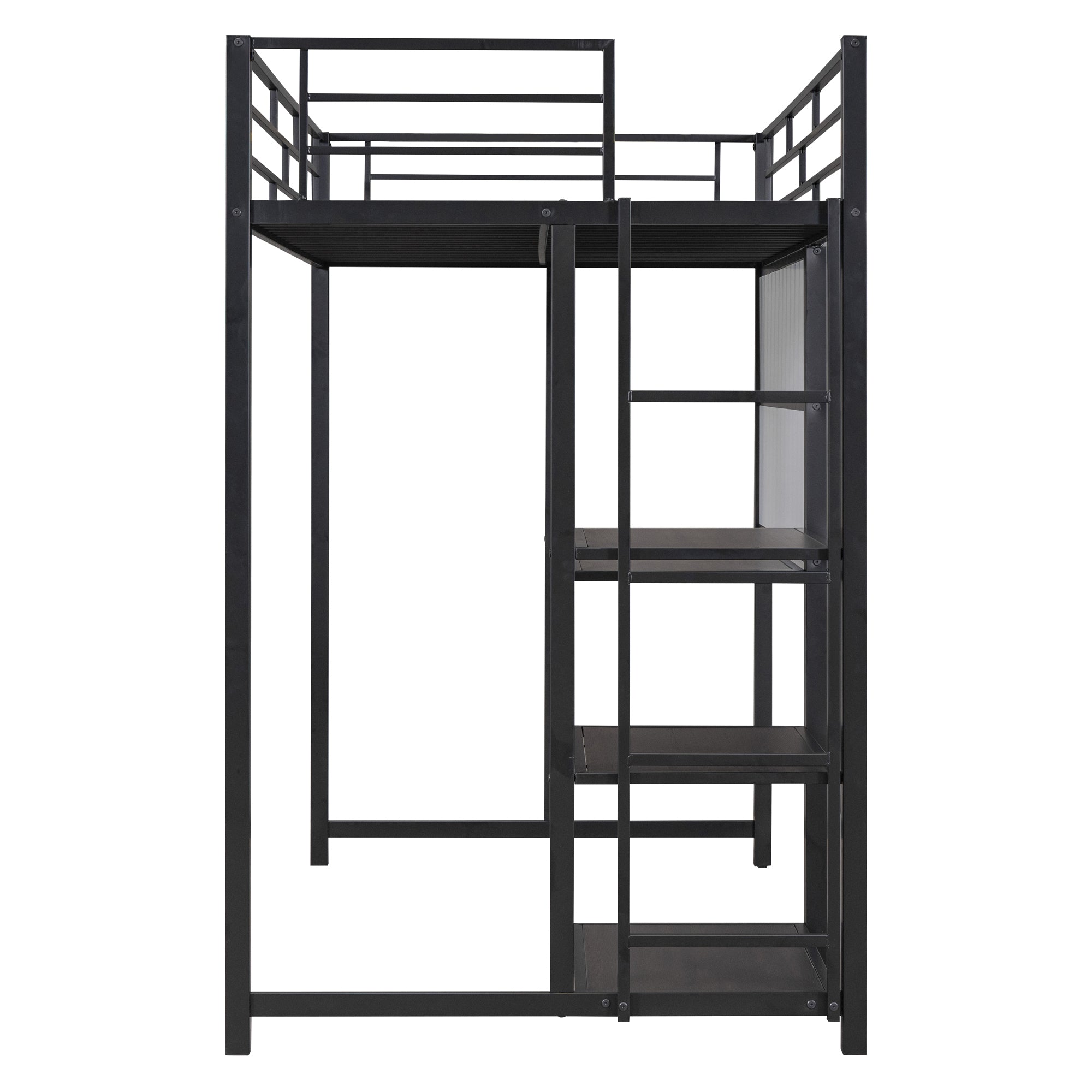 Twin Size Loft Bed with Desk and Whiteboard, Metal Loft Bed with 3 Shelves and Ladder, Black