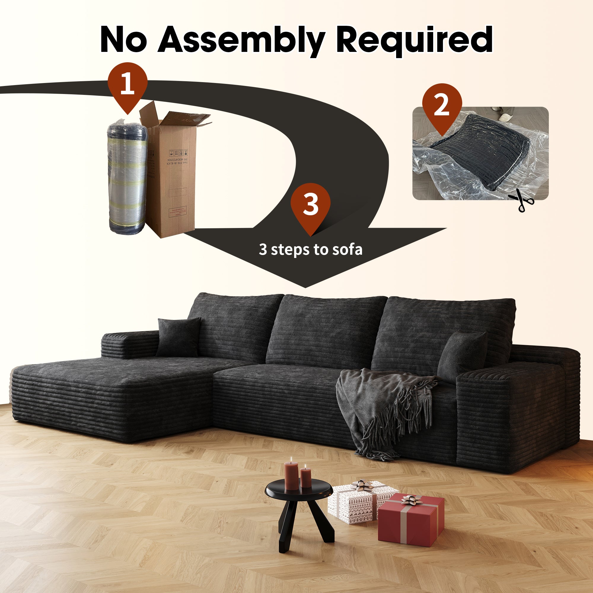 Black corduroy modular sofa chaise section, side view