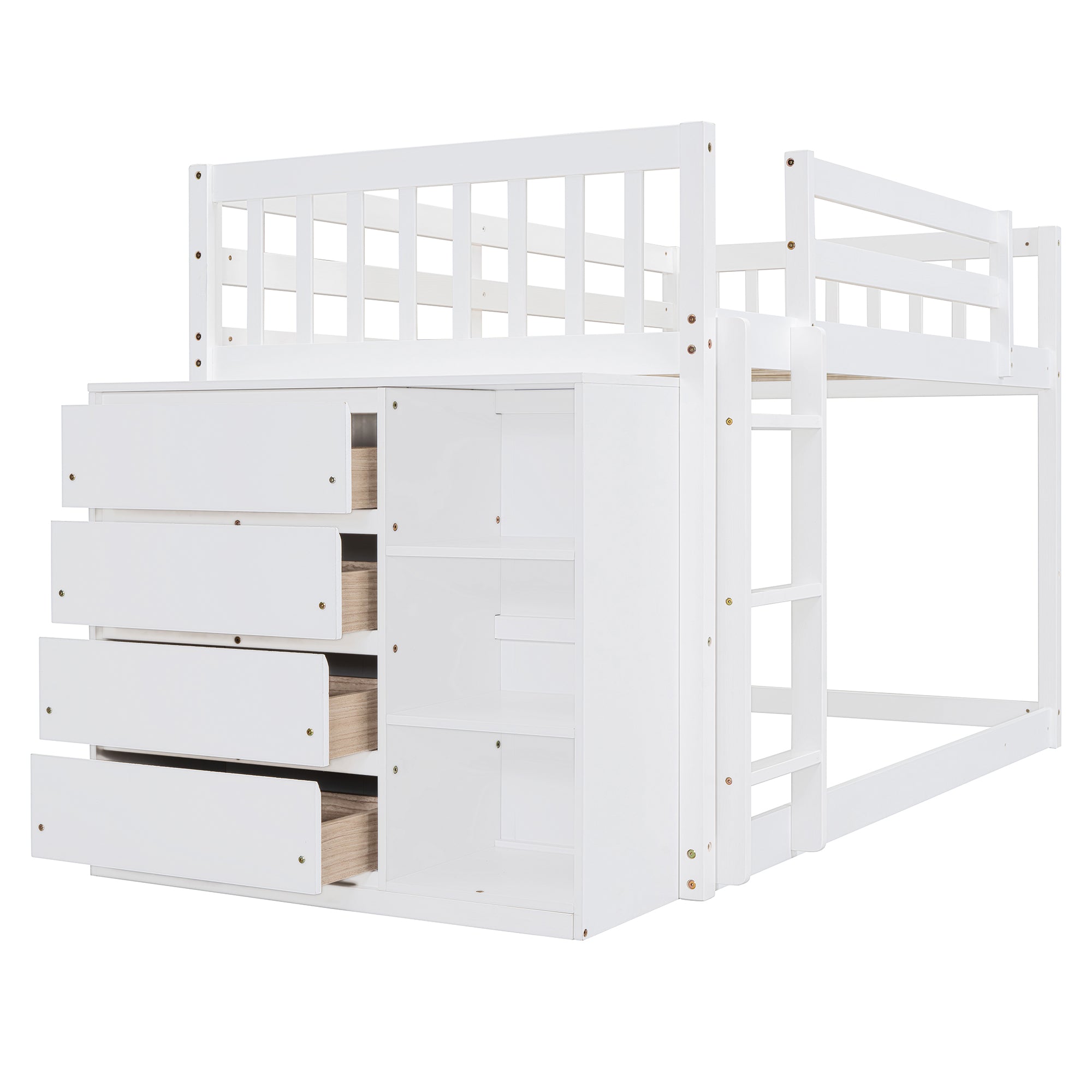 Twin over Twin Bunk Bed with 4 Drawers and 3 Shelves-White