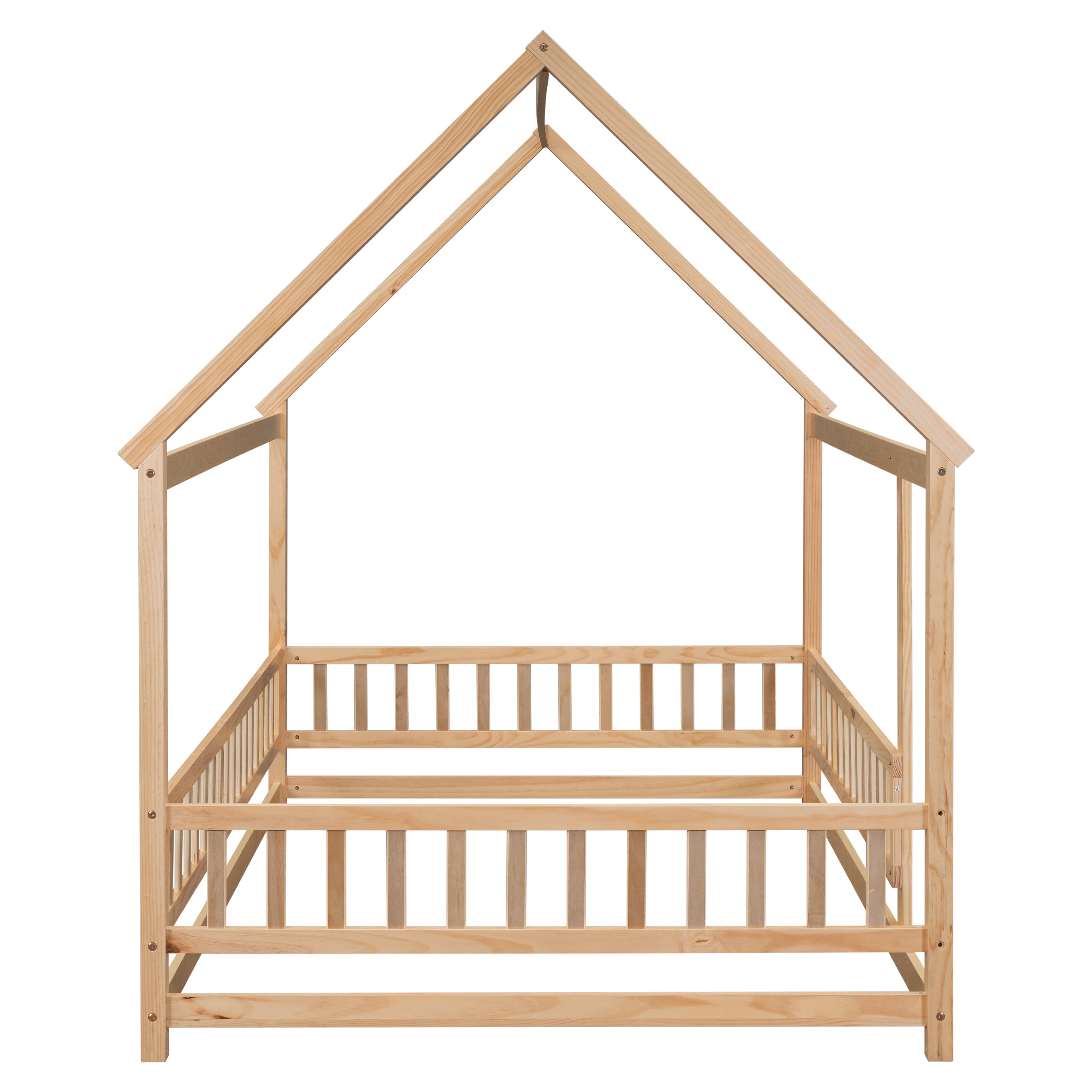 Full Size Floor Wooden Bed with House Roof Frame, Fence Guardrails ,Nartural(Old SKU:W504105242)