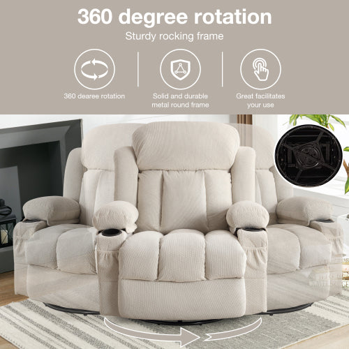 Swinging recliner massage heated sofa, with USB and 2 cup holders in side pockets, PackageA+B (BEIGE )