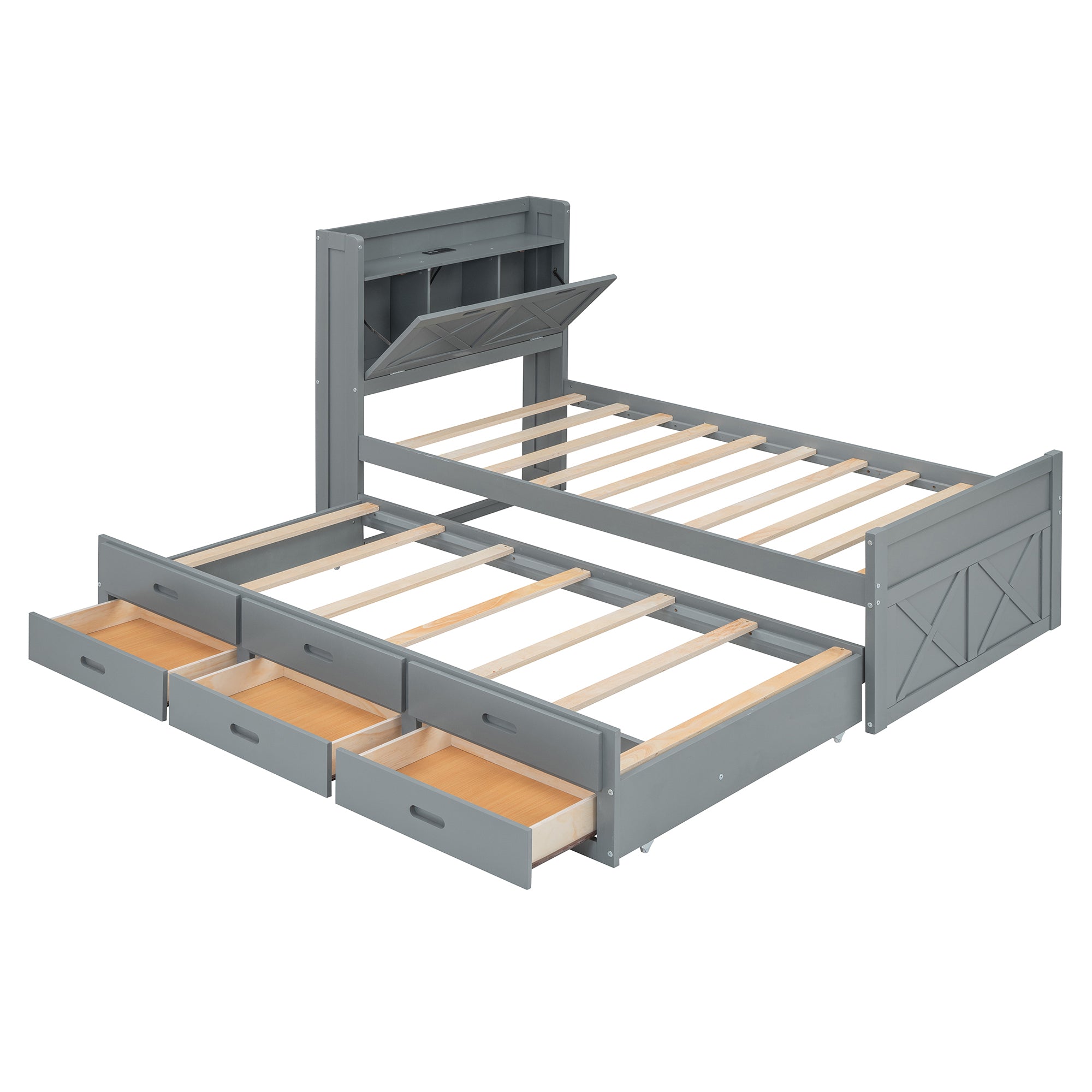 Twin Size Wooden Bed with Storage Headboard with Outlets, Extendable Bed with Twin Size Trundle with Three Storage Drawers,Gray