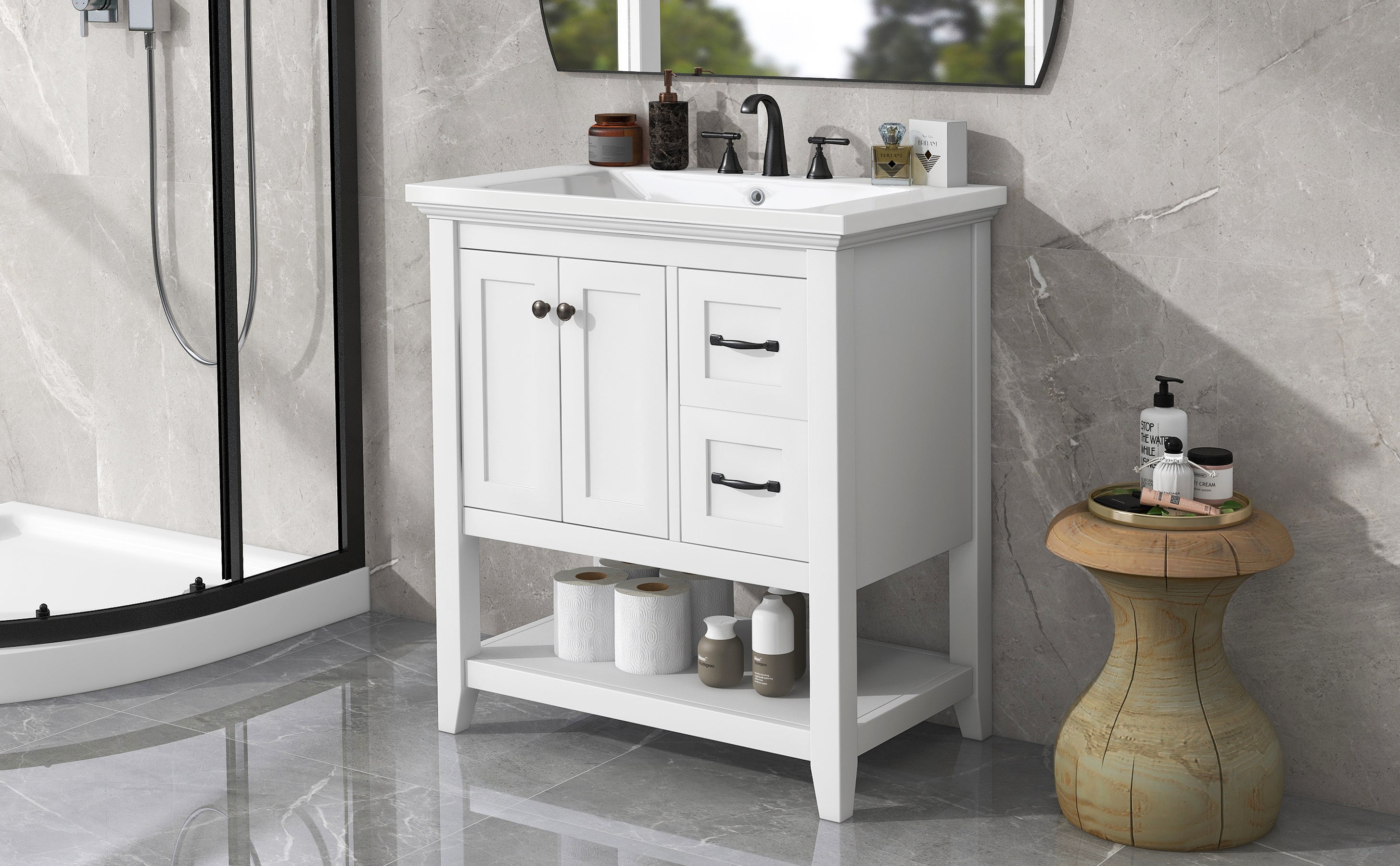 30" Bathroom Vanity with Ceramic Sink Top, Vanity Cabinet with Multi-Functional Drawer, Solid Wood Legs, White