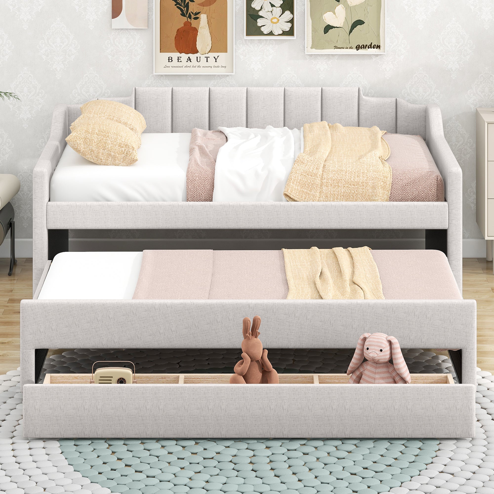 Twin Size Upholstered Daybed with Trundle and Three Drawers,Beige