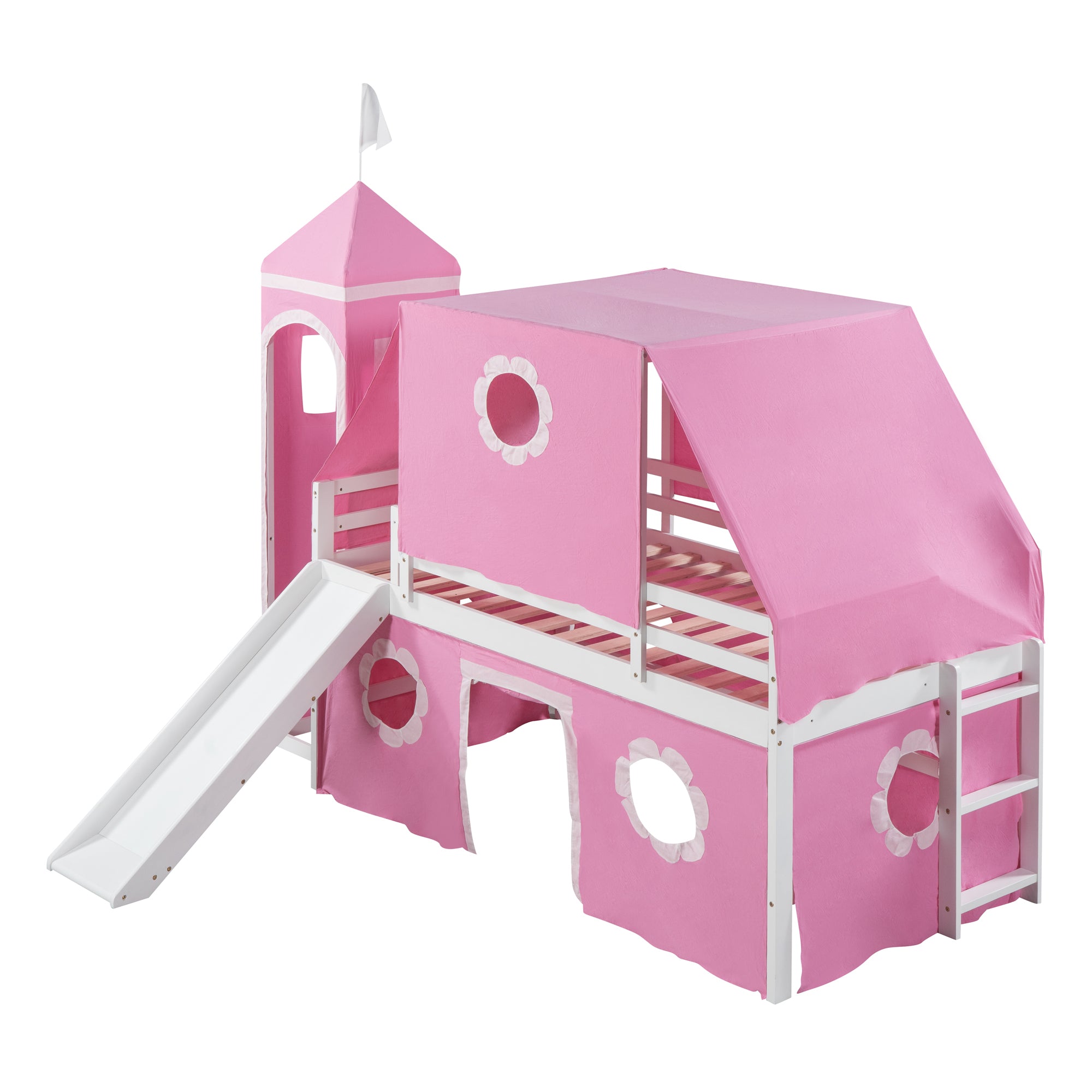 Twin Size Loft Bed with Slide Pink Tent and Tower - Pink