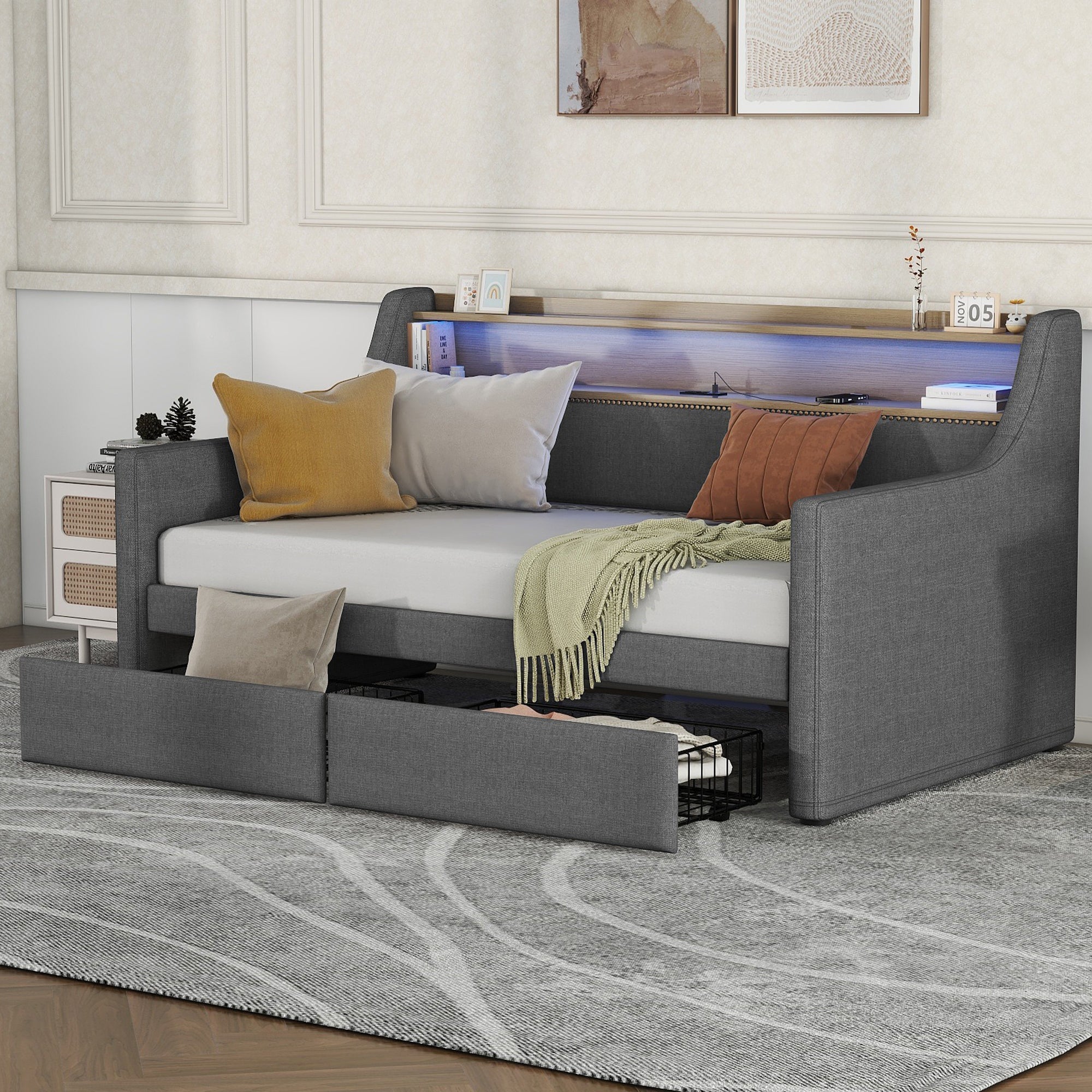 Twin Size Daybed with Storage Drawers, Upholstered Daybed with Charging Station and LED Lights, Gray(Old Item W1580S00023)